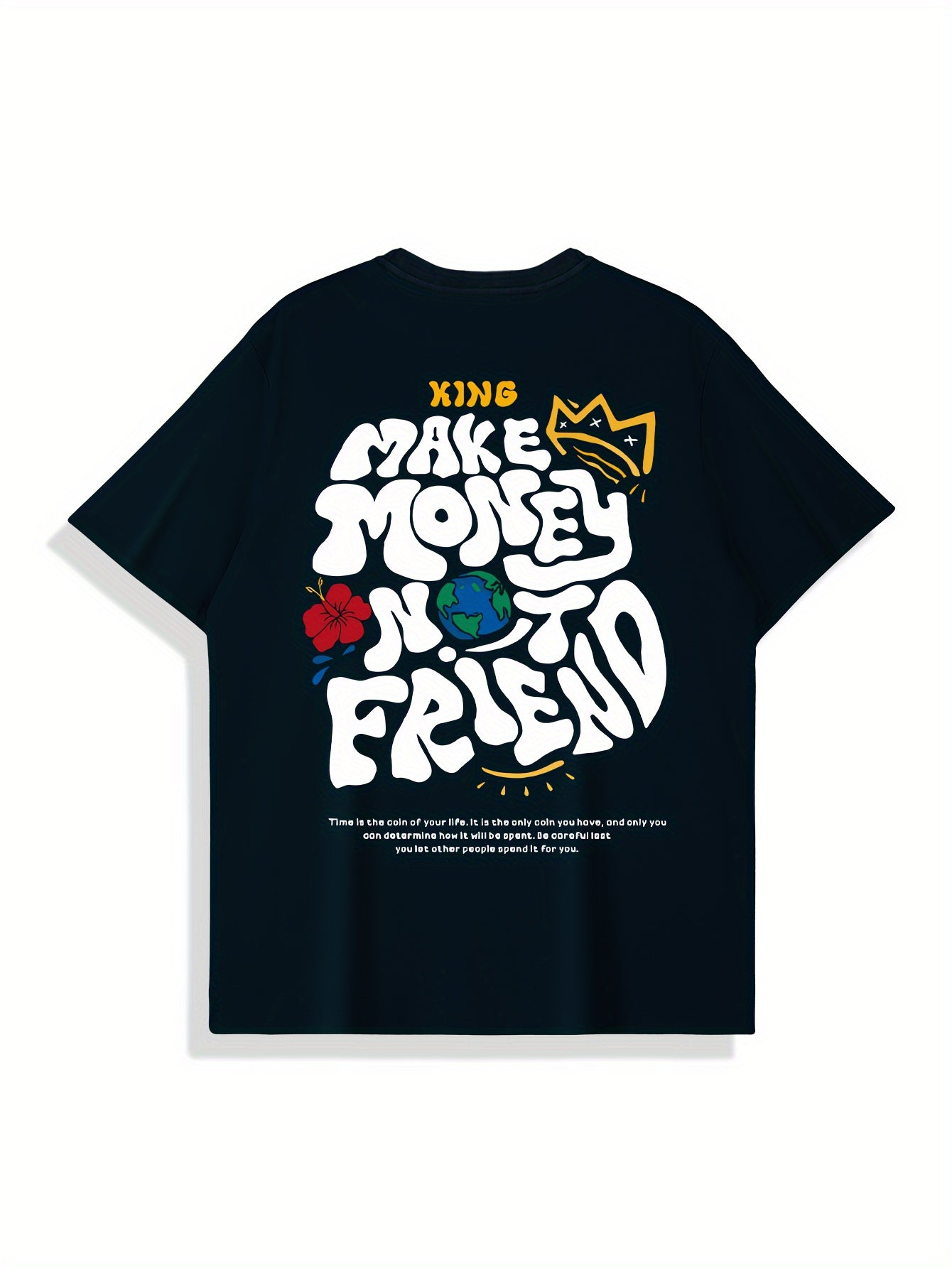Men's Crew Neck Short Sleeve T-shirt, KING MAKE MONEY Creative Pattern Back Print Cozy Cotton Tee For Summer Outdoor Casual Activities