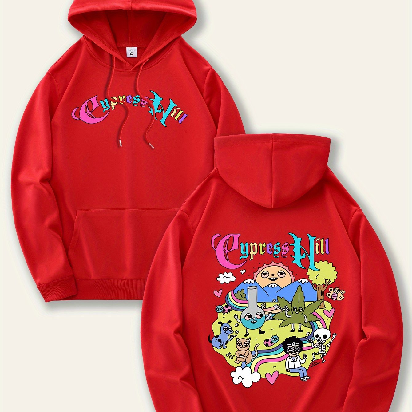 Men'S Fashion Hoodie with Cypress Hill Geometric Cartoon Print - All Season Casual Knit Polyester Sweatshirt with Hood, Drawstring, Kangaroo Pocket, Regular Fit - Unisex Stylish Pullover