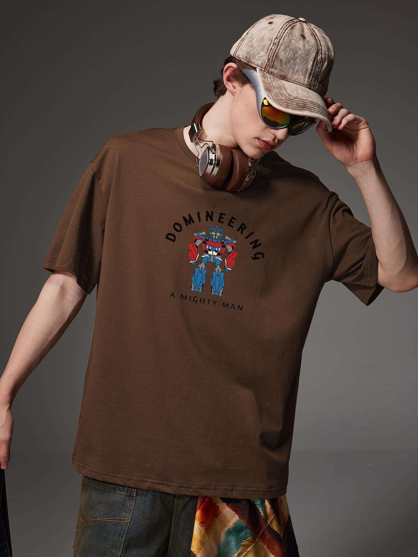 PRIVATHINKER "Domineering A Mighty for Man" Graphic Tee - 100% Cotton, Oversized Casual Hip Hop Style, Short Sleeve T-Shirt with Robot Print, Summer Streetwear for Men and Women