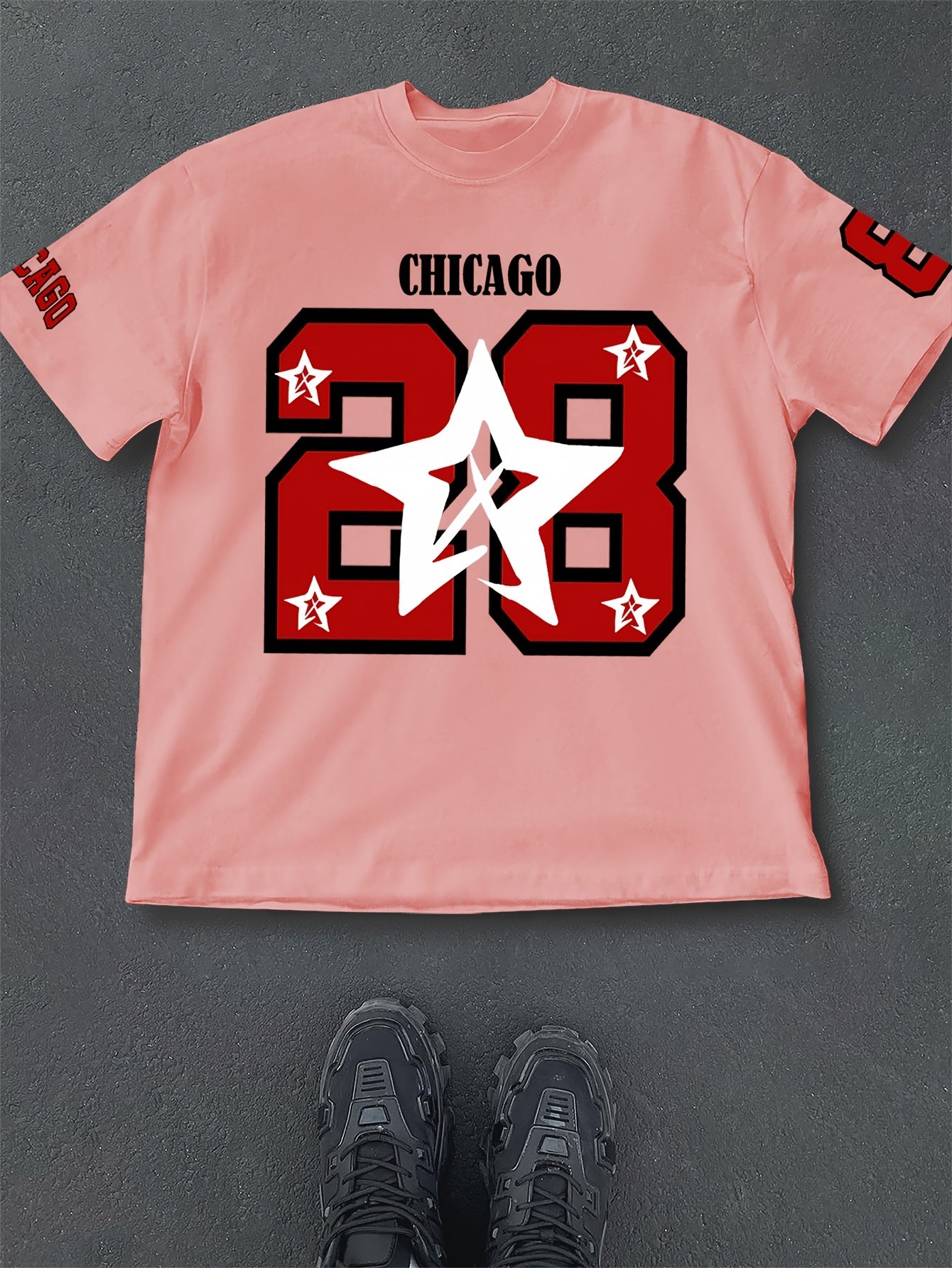 Men's Casual Summer T-Shirt with Printed Lettering and Numbers, Loose Fit, Polyester Knit Fabric, Round Neck, Short Sleeve