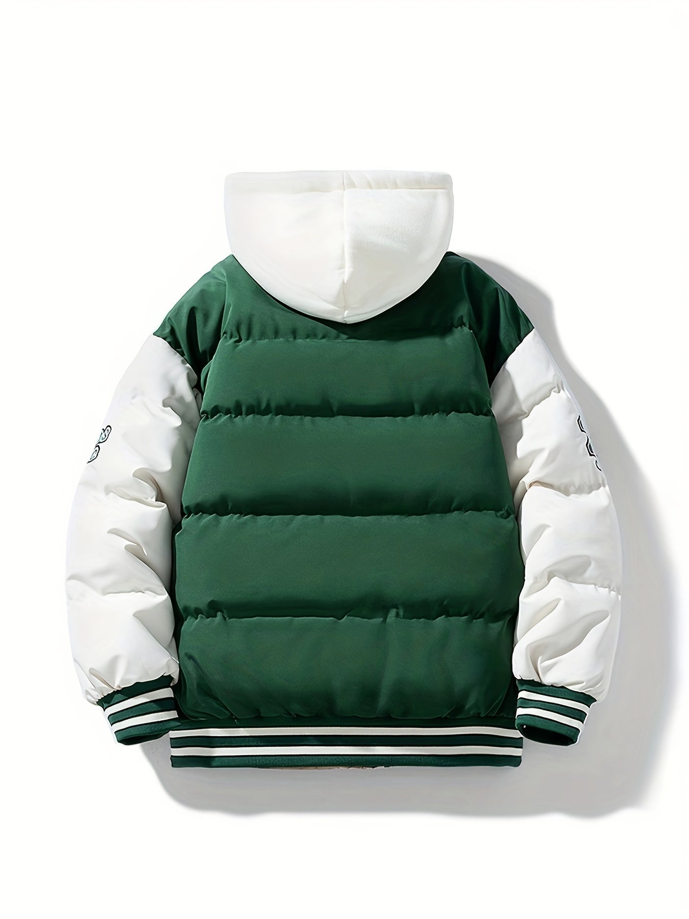 Men's Preppy Style Hooded Varsity Jacket - Casual Color Block Puffer with Embroidered Patches, Zip-Up, Long Sleeves, Polyester - Perfect for Baseball & Casual Attire, Everyday Jacket|Color Block Design|Ribbed Cuffs