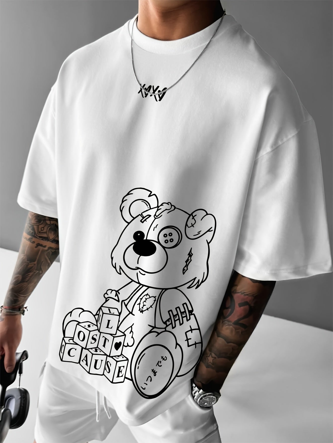 Men'S Casual Loose Short-Sleeve T-Shirt with a Bear Pattern Print.