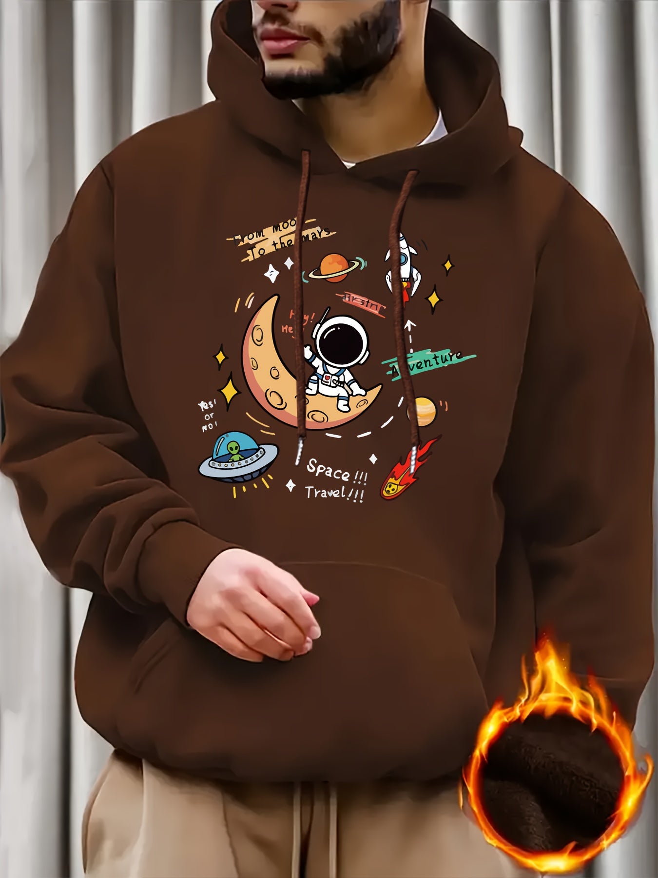 Men's Space Explorer Hoodie - Casual & Comfy Polyester Drawstring Sweatshirt with Astronaut & Planets Design, Perfect for Fall/Winter, Astronaut Decor