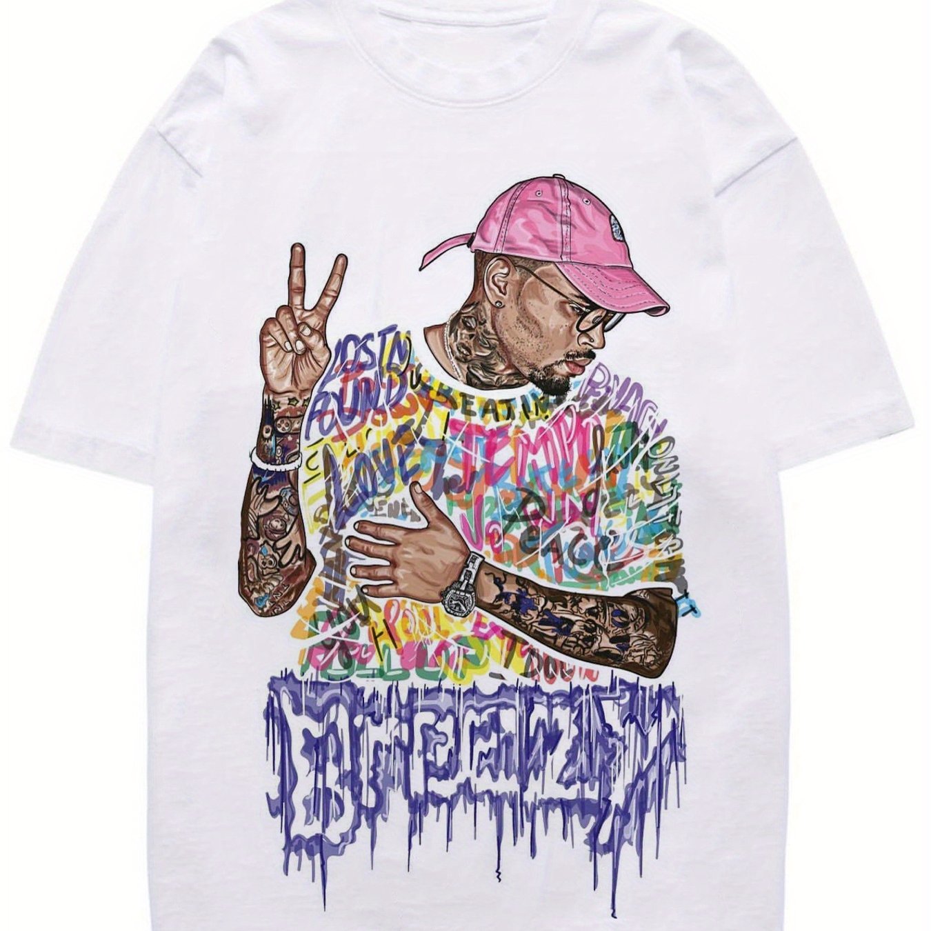 Men'S Hip Hop Man Print T-Shirt, Cotton, Vintage Style, Round Neck, Soft And Breathable, Summer Casual Wear For Adults