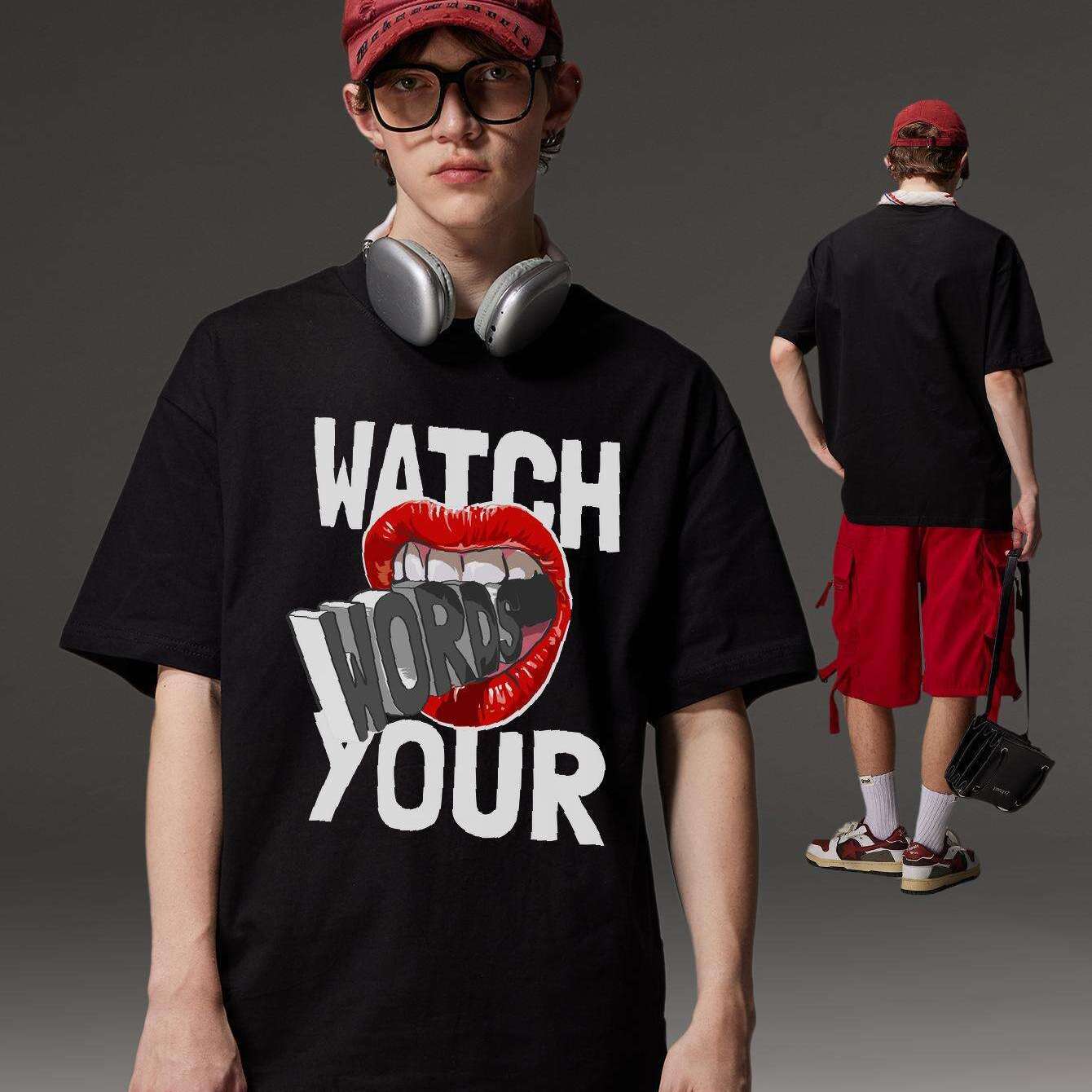PRIVATHINKER "Watch Your Words" Graphic Tee for Men - Oversized, 100% Cotton, Short Sleeve, Casual Summer Streetwear with Red Lip & Lightning Bolt Design, Machine Washable