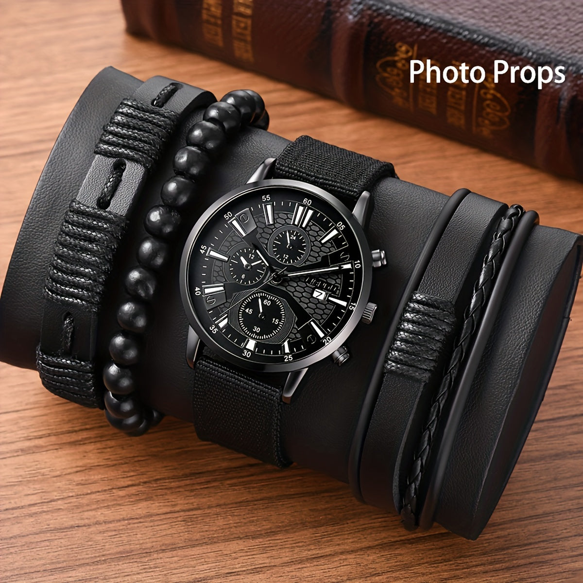 Middle East, Ramadan Men Watch 1pcs Men's Black Nylon Strap Casual Industrial Style Round Dial Calendar Pointer Quartz Watch And 3pcs Bracelets Watch for Men Suitable for Men Party Birthday Wear Or As Brother The Best Gift fo