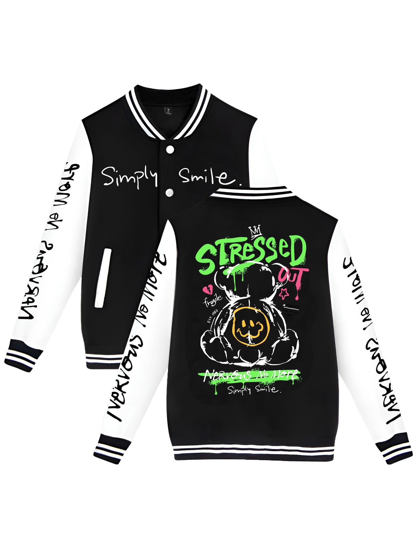 Men's Trendy Bear-Themed Varsity Jacket - Lightweight, Warm Fleece-Lined Baseball Coat with Pockets, Machine Washable