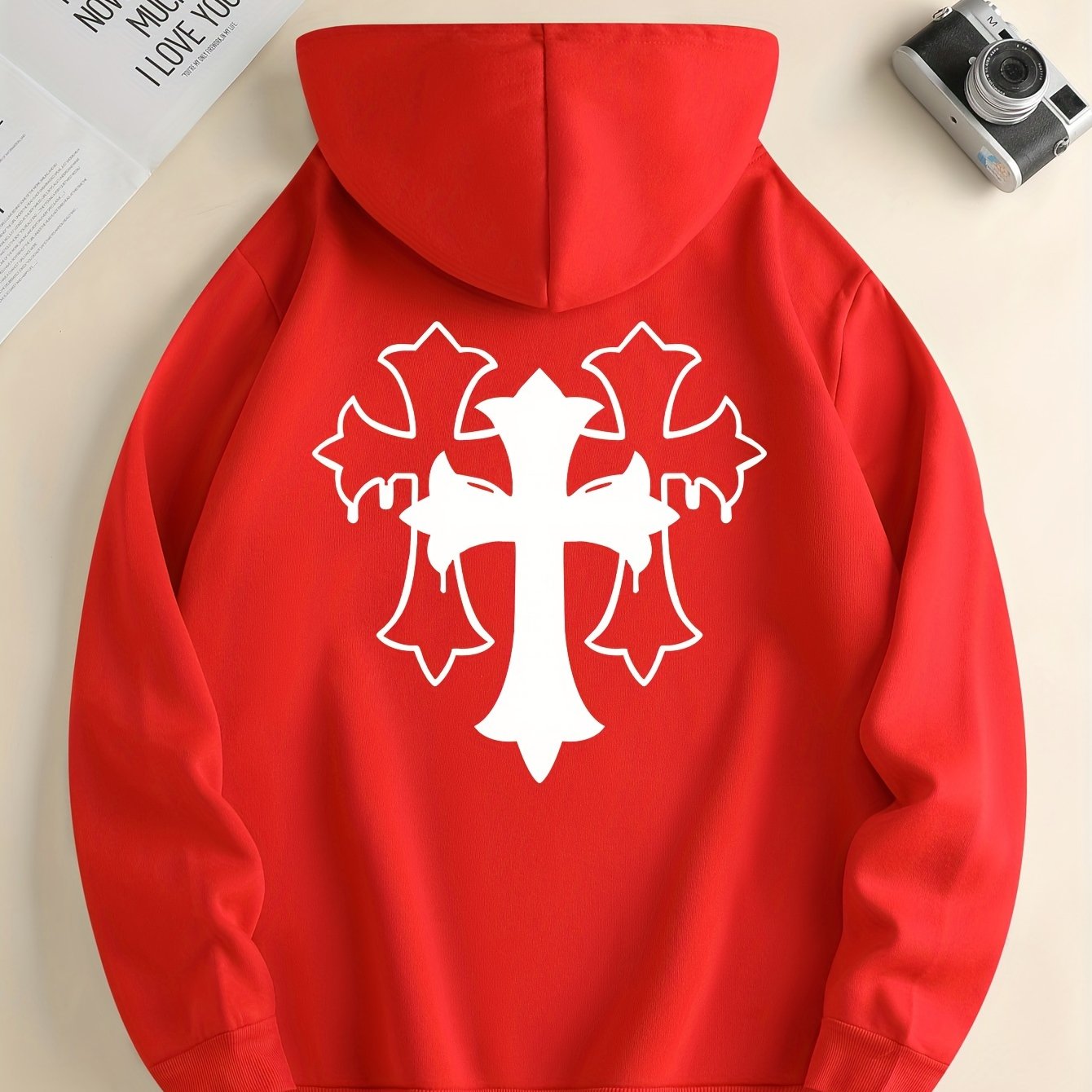 Cross Print Men's Simple Style Pullover Hoodies With Kangaroo Pocket Long Sleeve Hooded Sweatshirt Loose Casual Top For Autumn Winter Men's Clothing As Gifts