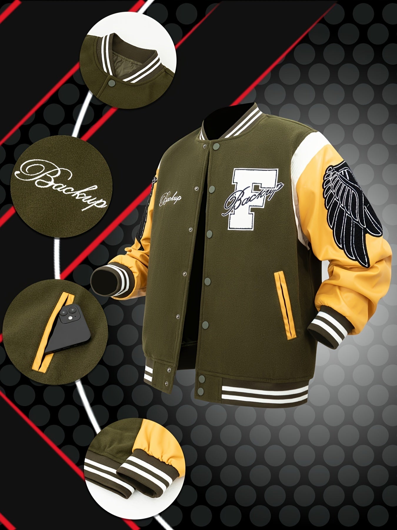 Men's Letter Double-wing Embroidery Varisty Jackets Vintage Long Sleeve PU Leather Patchwork Baseball Coats for Autumn&Winter