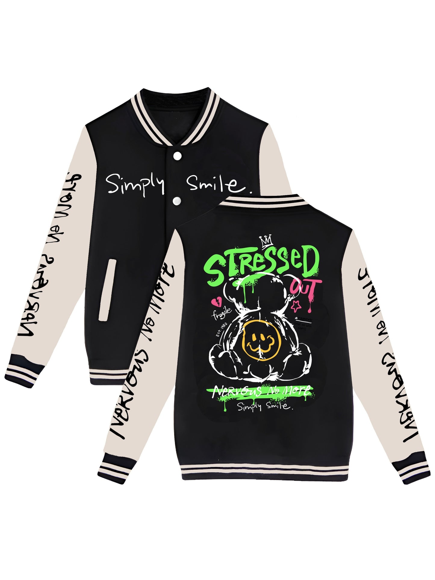 Men's Trendy Bear-Themed Varsity Jacket - Lightweight, Warm Fleece-Lined Baseball Coat with Pockets, Machine Washable