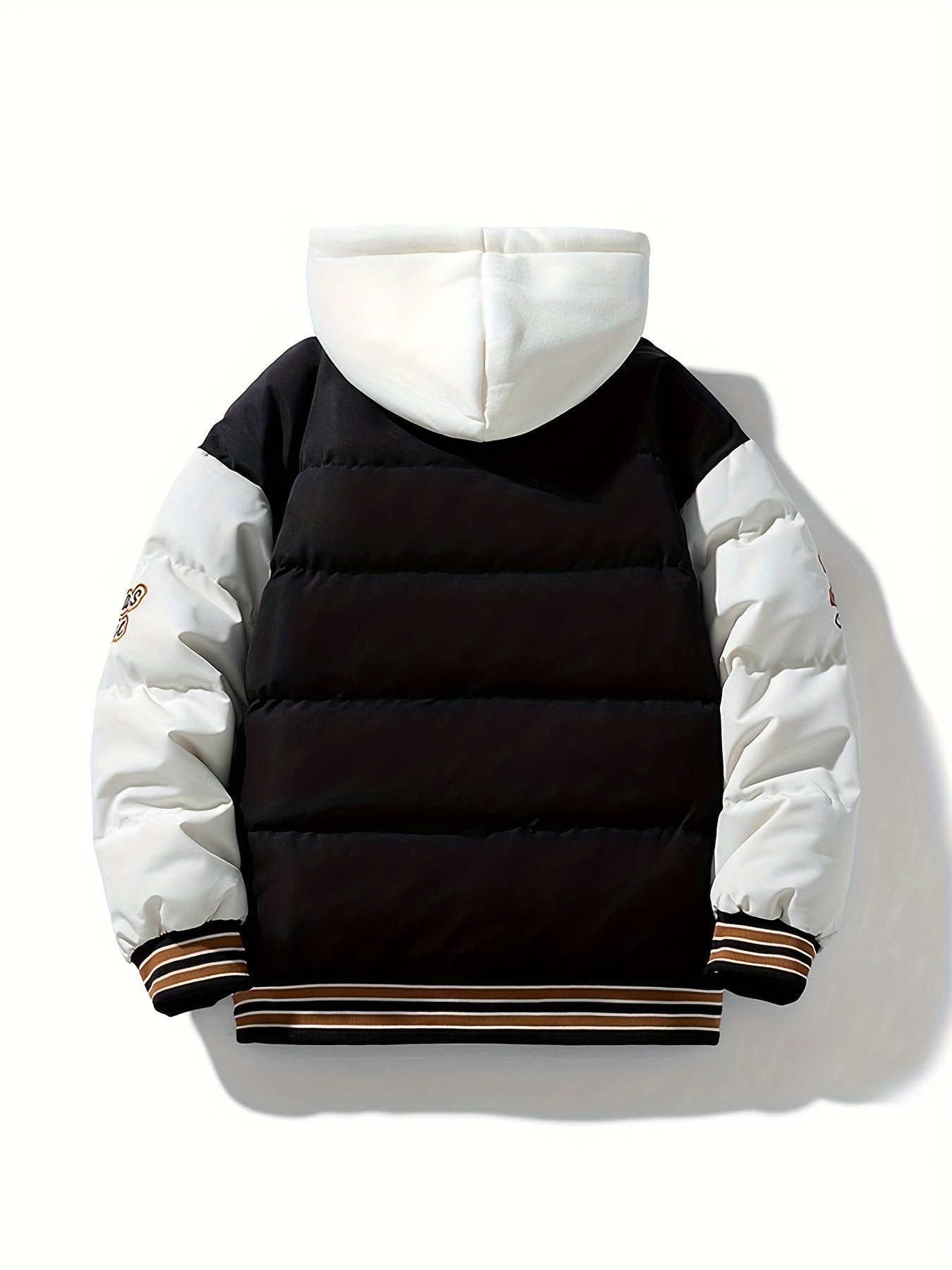 Men's Preppy Style Hooded Varsity Jacket - Casual Color Block Puffer with Embroidered Patches, Zip-Up, Long Sleeves, Polyester - Perfect for Baseball & Casual Attire, Everyday Jacket|Color Block Design|Ribbed Cuffs