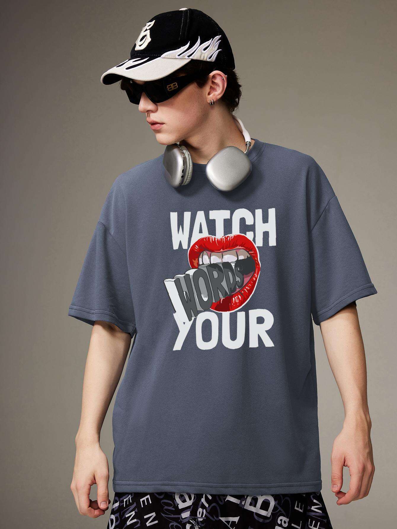 PRIVATHINKER "Watch Your Words" Graphic Tee for Men - Oversized, 100% Cotton, Short Sleeve, Casual Summer Streetwear with Red Lip & Lightning Bolt Design, Machine Washable