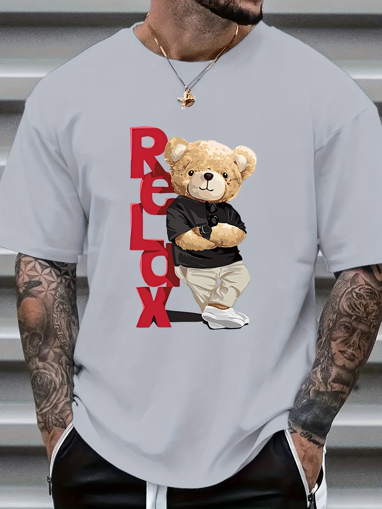 Men's Trendy Bear Print Short Sleeve T-Shirt - Comfortable Polyester Blend, Round Neck, Machine Washable for Summer, Leisure Style, Conventional Version, Summer