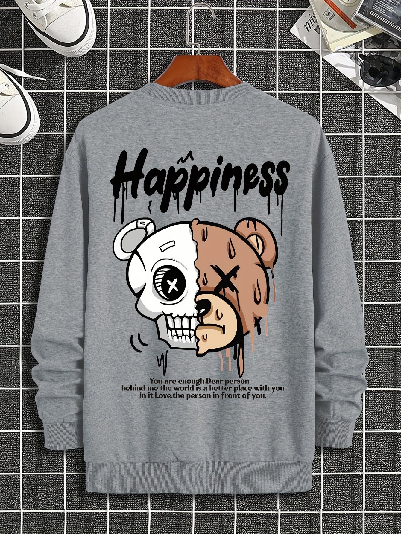Melted Skull Bear Printed Men's Crew Neck And Long Sleeve Sweatshirt, Casual Style, Breathable, Comfortable, Stylish Street Fashion Pullover Sweatshirt