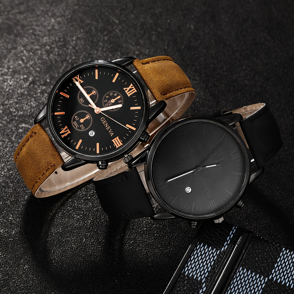 2-Piece Luxury Men's Leather Strap Quartz Watch Set with Calendar - Perfect Gift for School, Graduation, or Any Occasion - PU Leather Strap, Non-Waterproof, Analog Display, Alloy Case