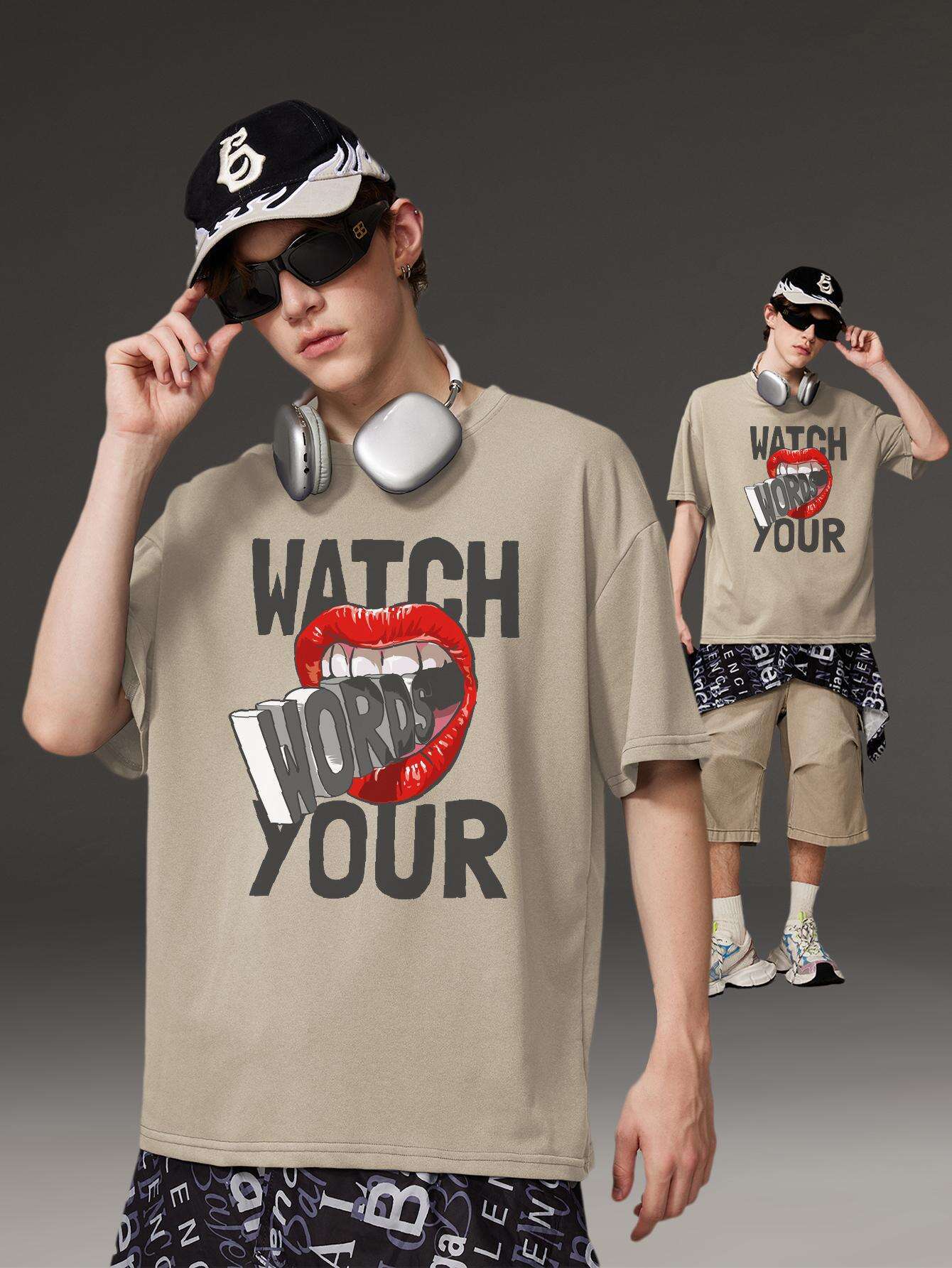 PRIVATHINKER "Watch Your Words" Graphic Tee for Men - Oversized, 100% Cotton, Short Sleeve, Casual Summer Streetwear with Red Lip & Lightning Bolt Design, Machine Washable
