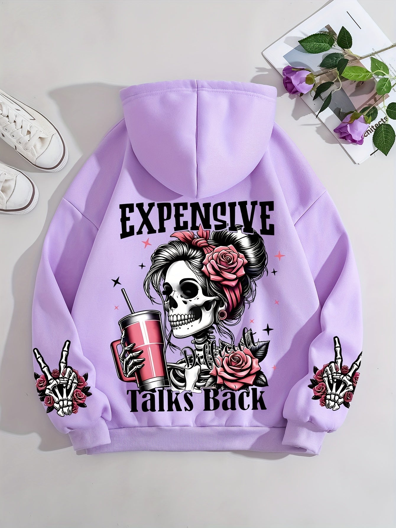 Ladies Fashion Hoodie: Relaxed Style, Polyester Material, Knit Fabric, All Seasons, No Detail, Letter Pattern