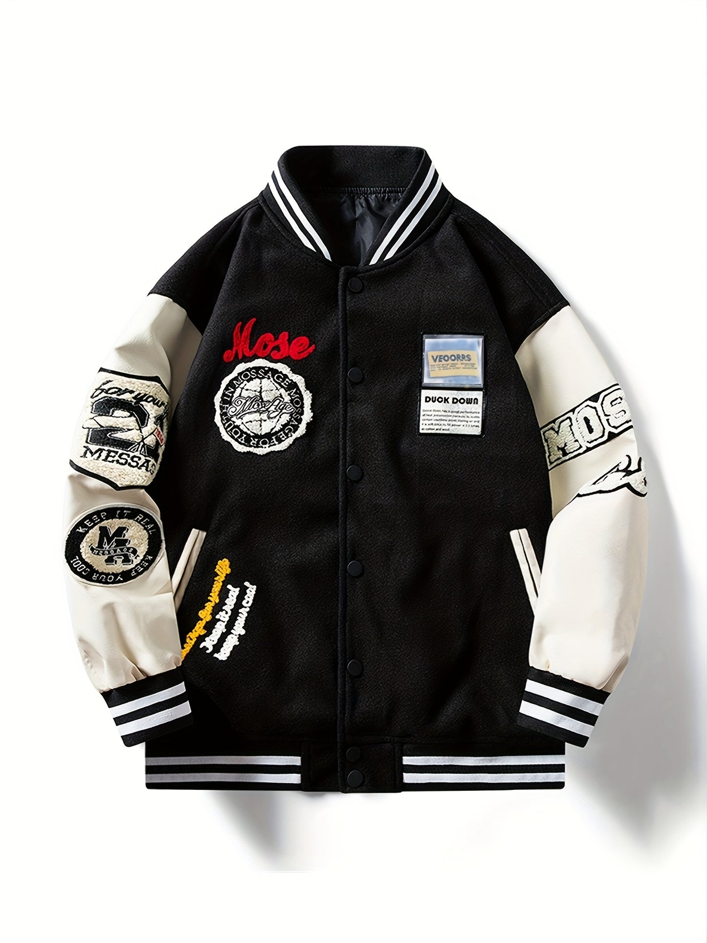Embroidery Varsity Jacket, Men's Casual Color Block Button Up Jacket For Spring Fall School Baseball