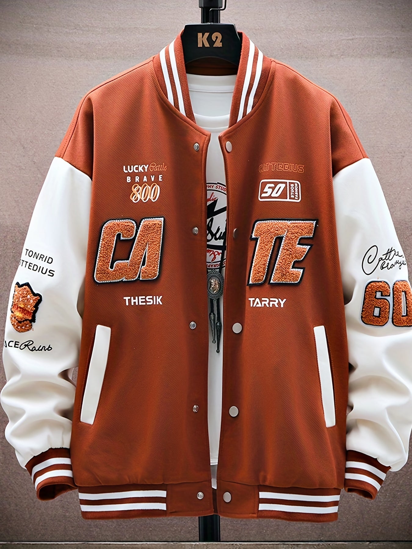 Letters Print Preppy Varsity Jacket, Men's Casual Long Sleeve Striped Button Down Baseball Jacket With Pockets For Winter Fall