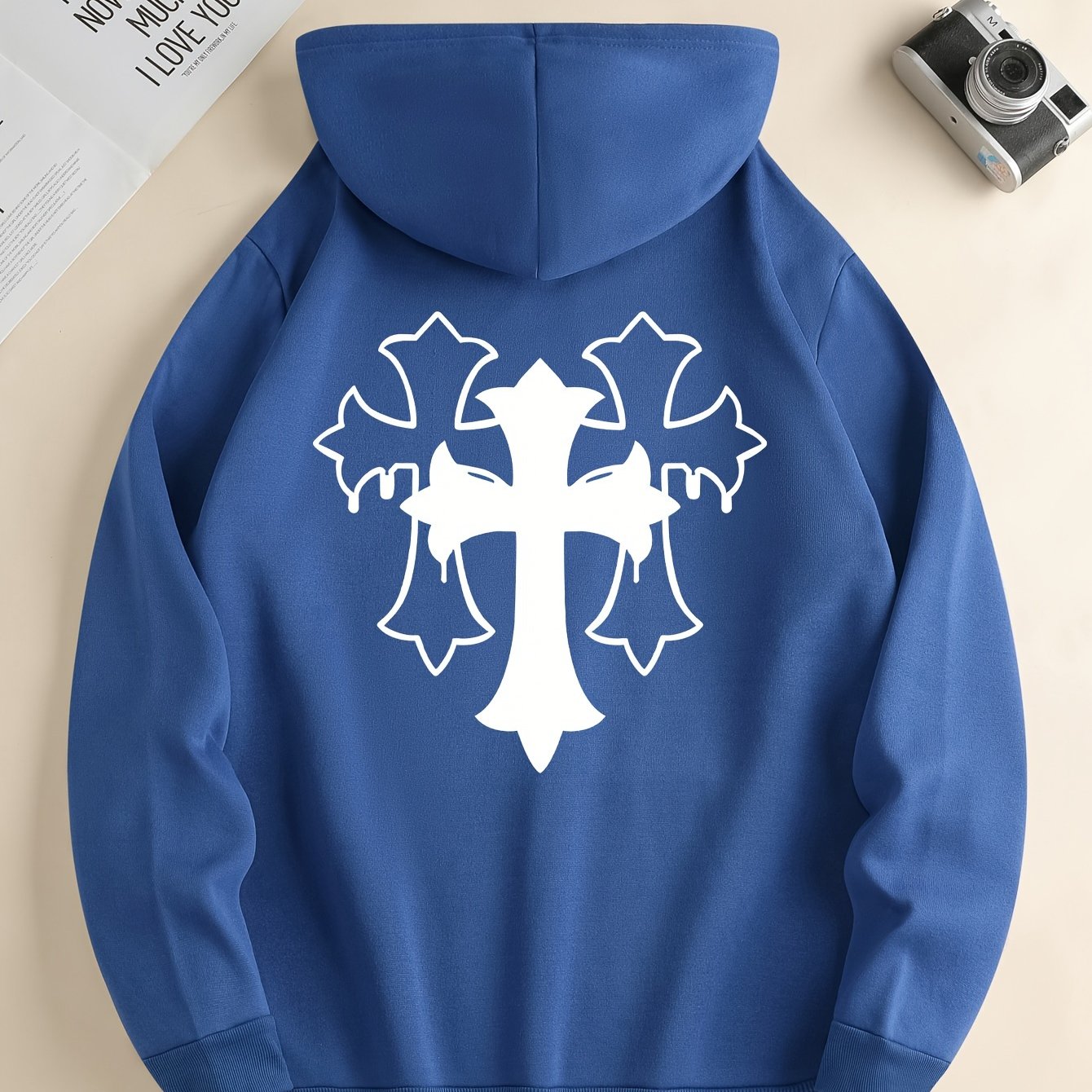 Cross Print Men's Simple Style Pullover Hoodies With Kangaroo Pocket Long Sleeve Hooded Sweatshirt Loose Casual Top For Autumn Winter Men's Clothing As Gifts