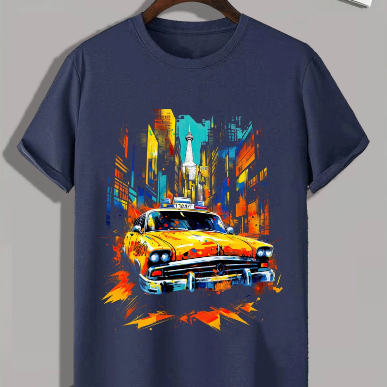 Yellow Taxi In City Blocks Print, Men's Novel Graphic Design T-shirt, Leisure Comfy Tees For Summer, Men's Clothing Tops For Daily Activities