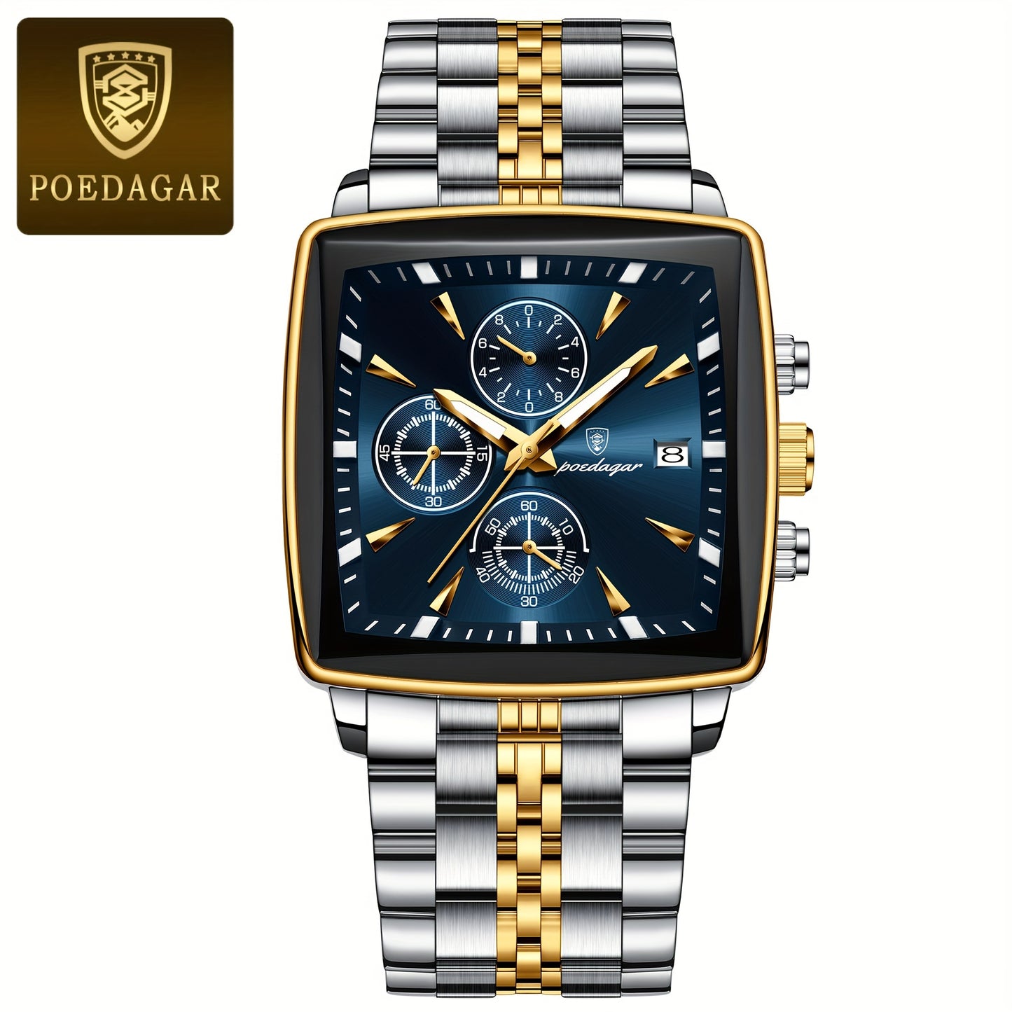POEDAGAR Men'S Business Quartz Watch, Stainless Steel Square Dial, Luminous Hands, Date Calendar, Battery Powered, with Non-Rechargeable Button Battery, for Thanksgiving & Christmas Gifts, Water Resistant