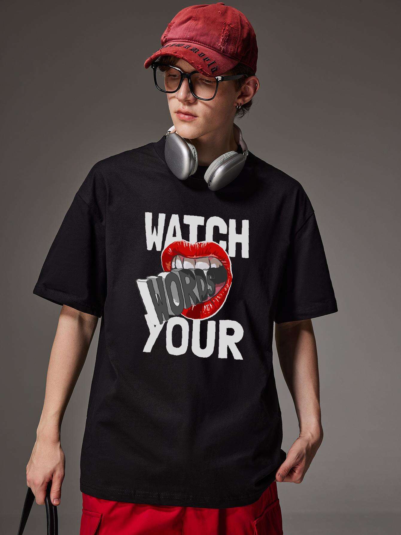 PRIVATHINKER "Watch Your Words" Graphic Tee for Men - Oversized, 100% Cotton, Short Sleeve, Casual Summer Streetwear with Red Lip & Lightning Bolt Design, Machine Washable