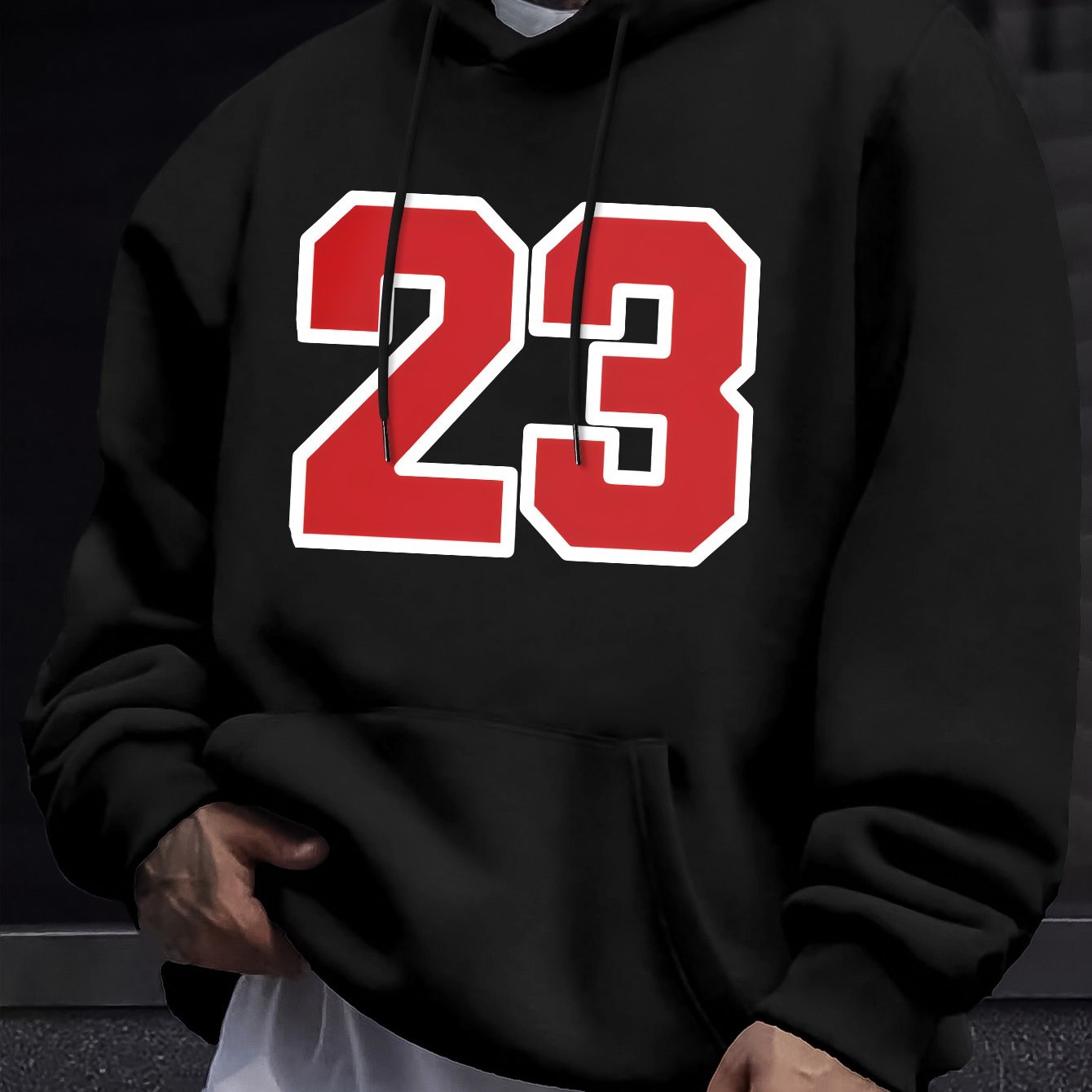 Men's Casual Hooded Sweatshirts with Geometric Number Pattern - Knit Fabric Polyester Blend with Slight Stretch, Hoodie for Spring/Fall Season - Regular Fit Pullover with Hood - Polyester 95%, Elastane 5%