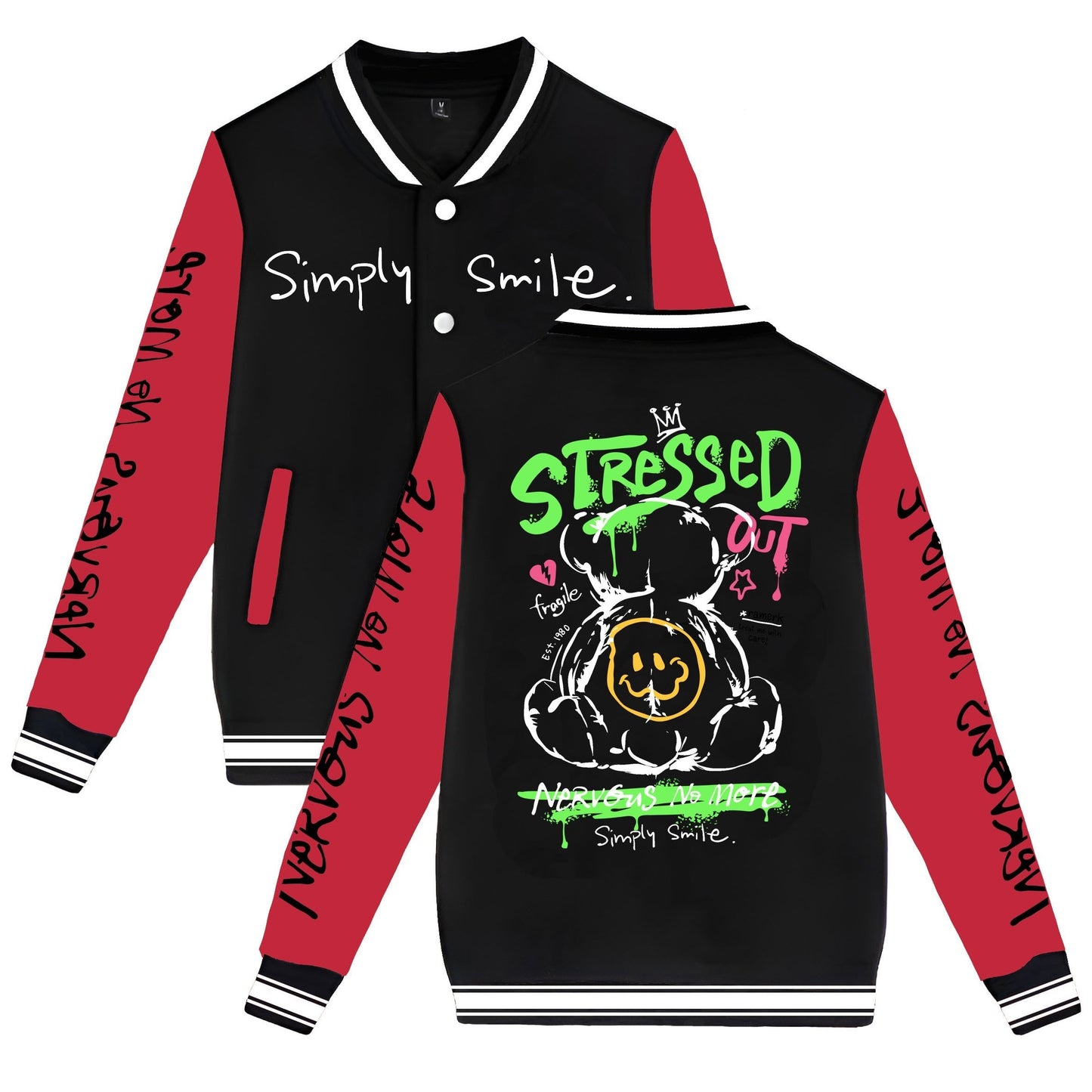Men's Trendy Bear-Themed Varsity Jacket - Lightweight, Warm Fleece-Lined Baseball Coat with Pockets, Machine Washable