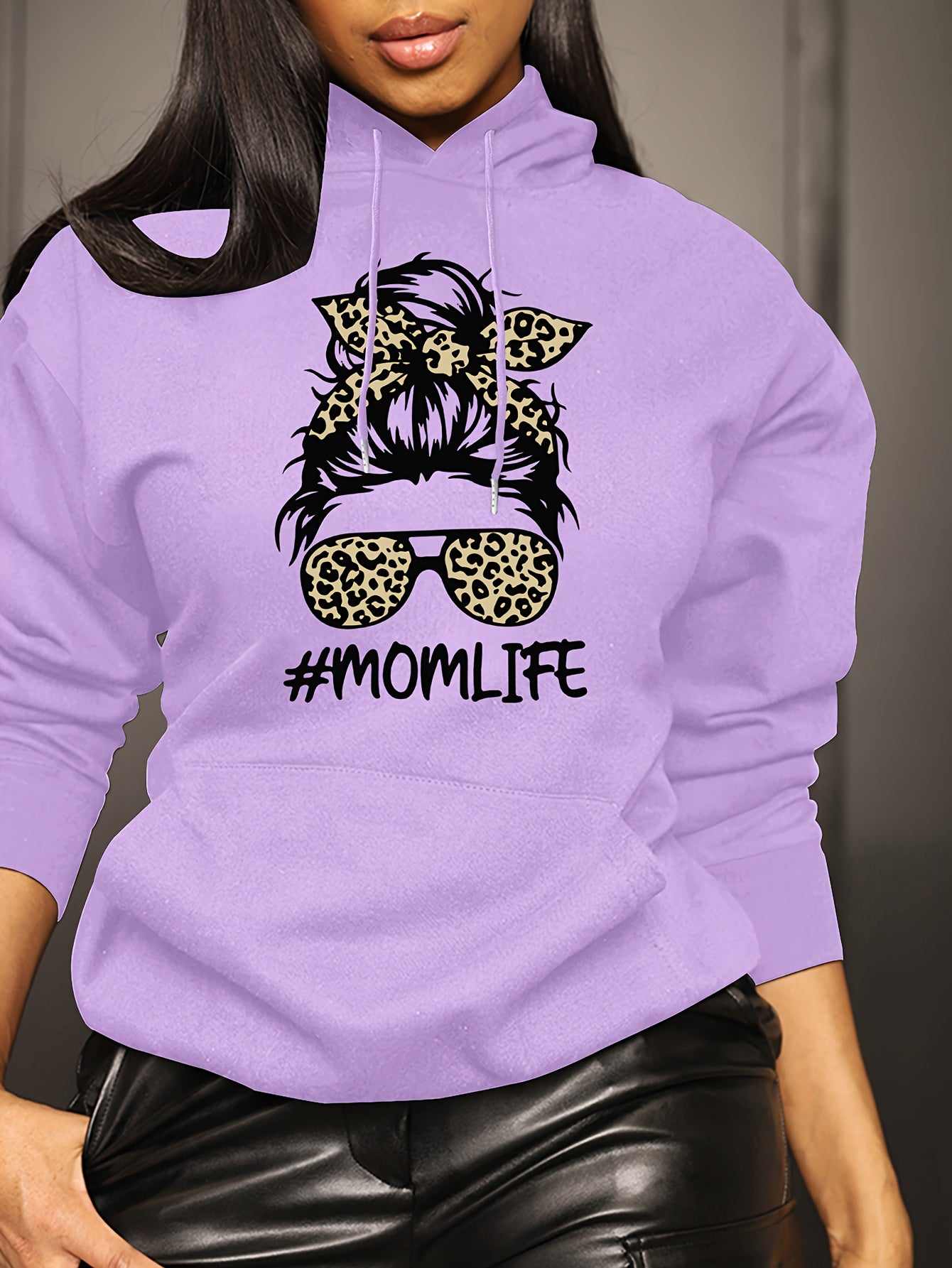 Stylish Women's Beige Hoodie with Leopard & Fashion Glasses Print - Casual, Loose-Fit Polyester Sweatshirt with Drawstring & #MomLife Graphic for All Seasons