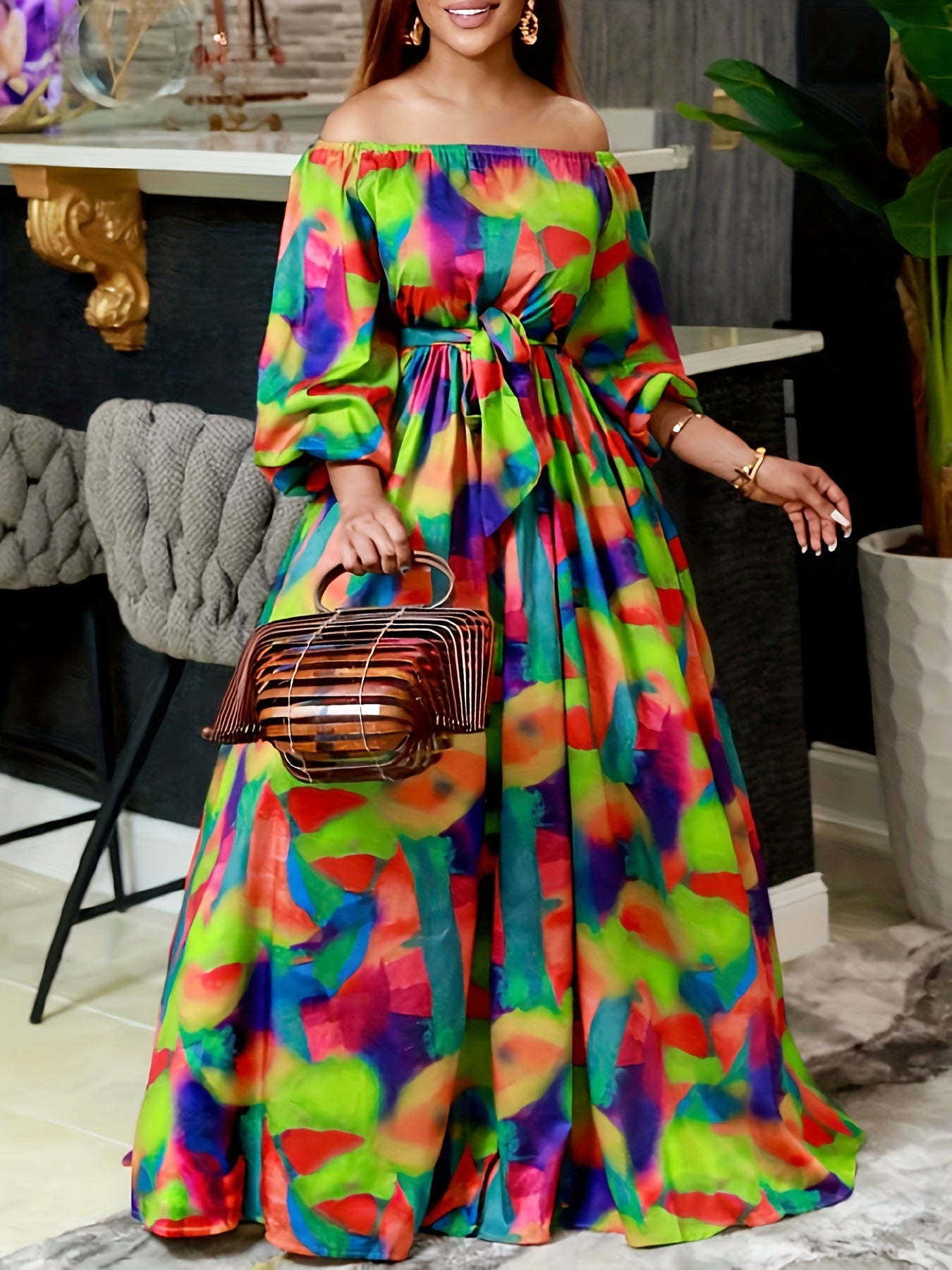 Women'S Off-Shoulder Maxi Dress, Geometric Print, Polyester & Spandex Blend, Casual Fashion, One-Shoulder, Long Flowy Skirt, All Seasons, Adult Size, Woven Fabric