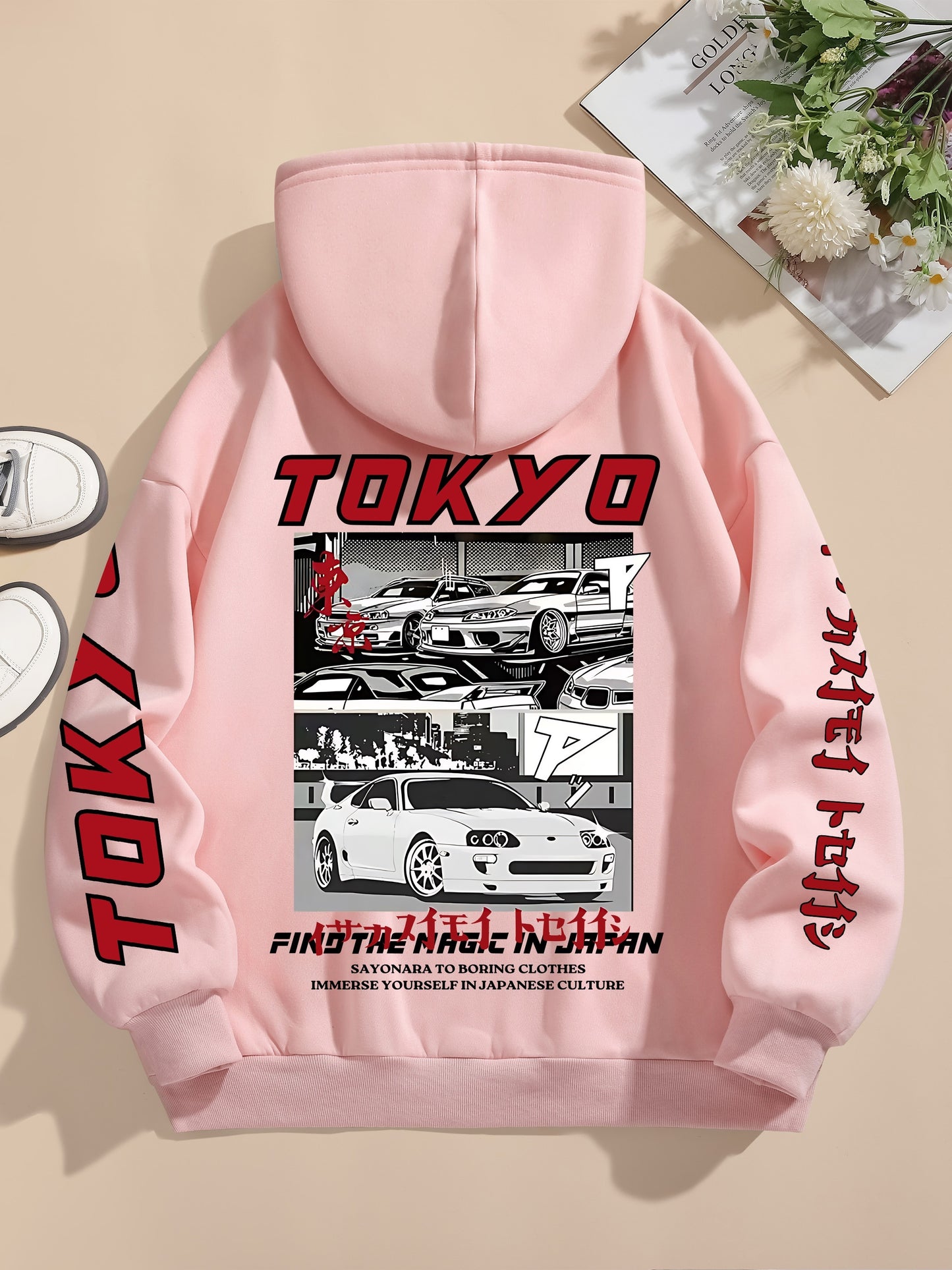Tokyo Graphic Print Casual Hoodie for Women - 100% Polyester Knit Fabric with Drawstring Hood, Geometric Pattern, All-Season Comfort