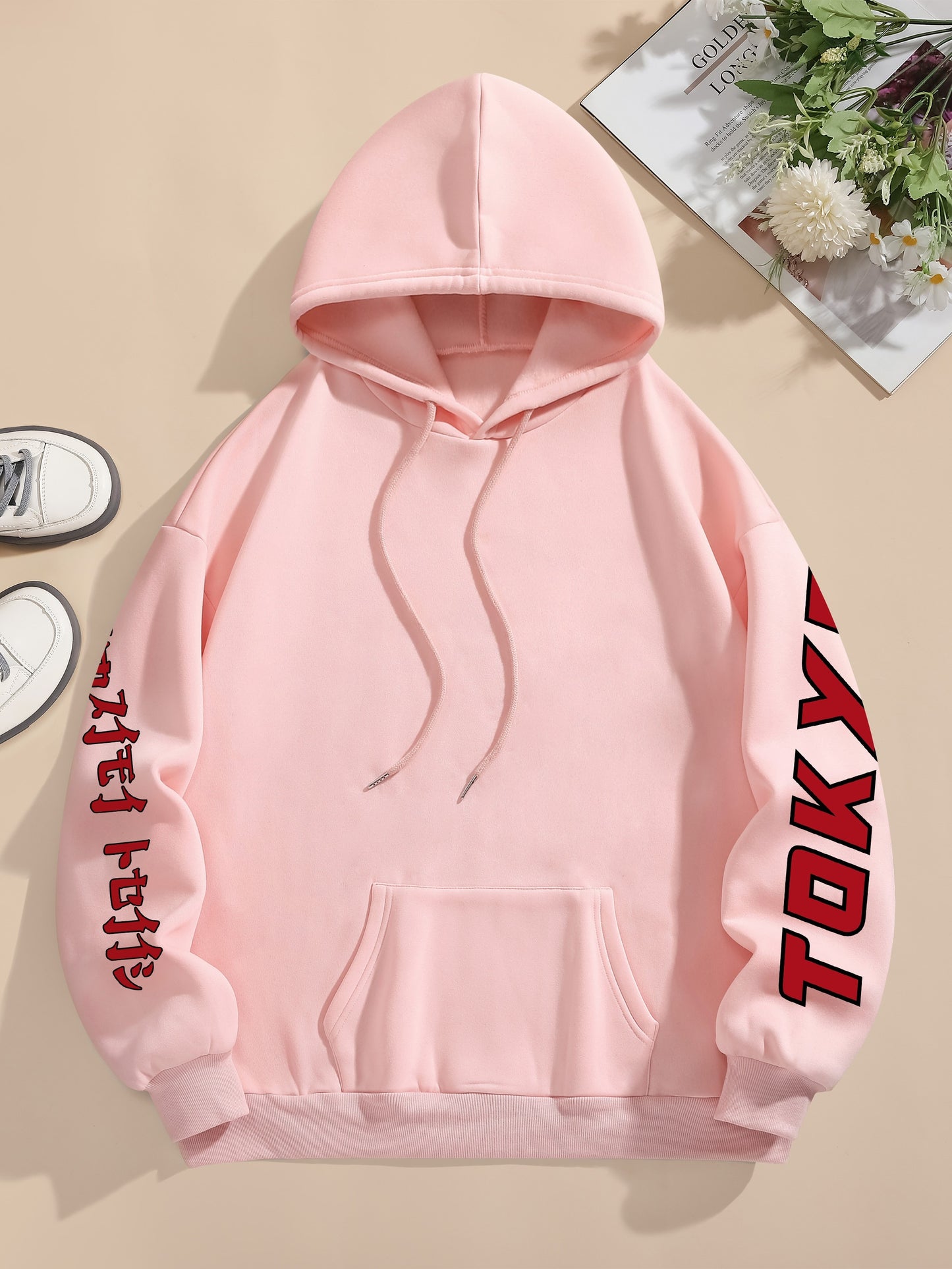 Tokyo Graphic Print Casual Hoodie for Women - 100% Polyester Knit Fabric with Drawstring Hood, Geometric Pattern, All-Season Comfort