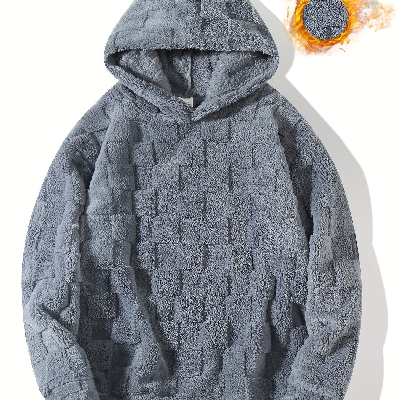 Men's Hooded Long Sleeve Pullover, KJ-W05, Polyester, Casual Style, Non-Stretch, Checkered Pattern, Loose Fit, Knitted Fabric, Fashionable Men's Sweatshirt