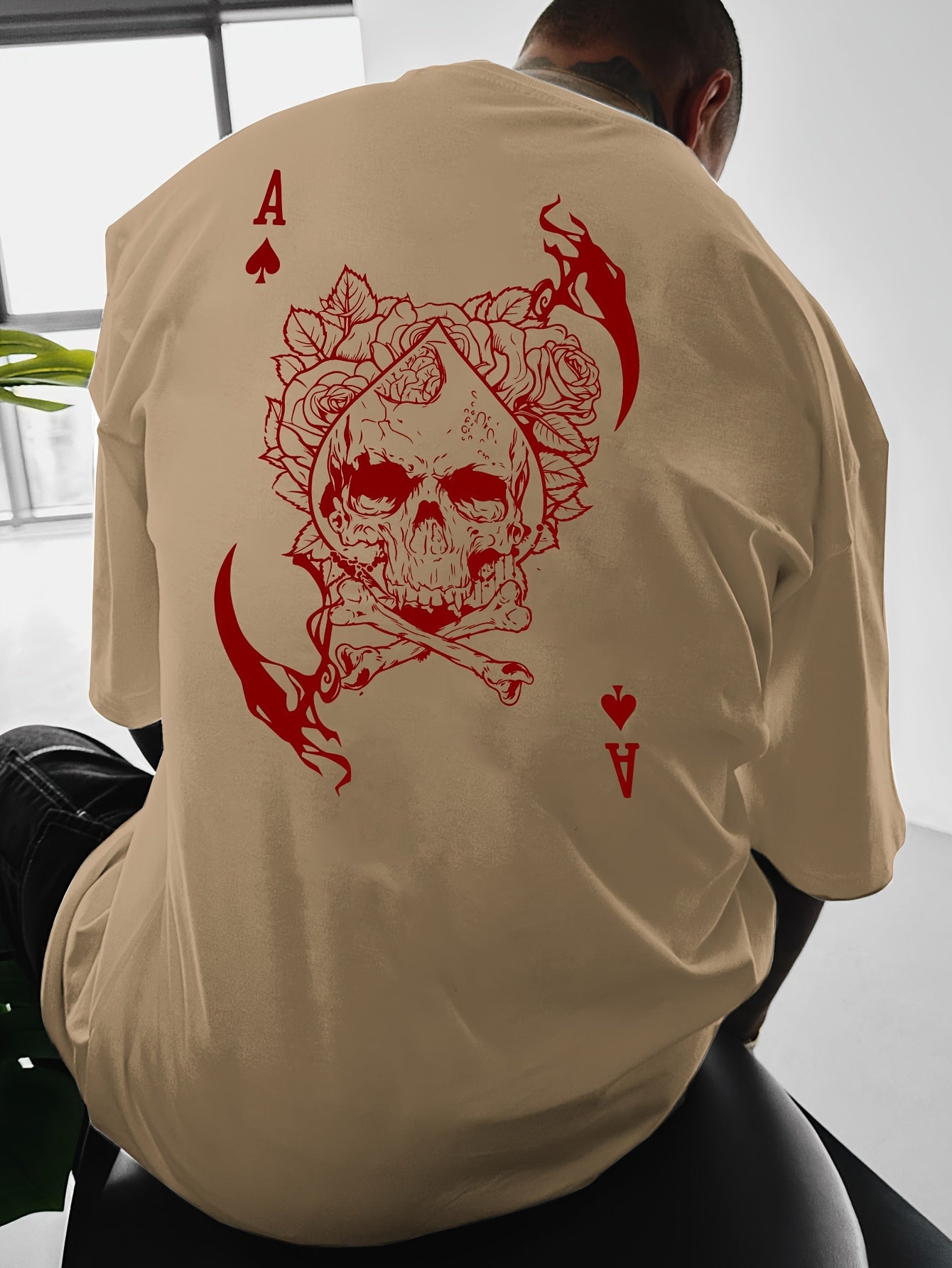Men's Casual Hip-Hop Street Style Death Skull Ace of Spades Print T-Shirt - Loose Fit, Round Neck, Polyester Knit Fabric, Summer Collection