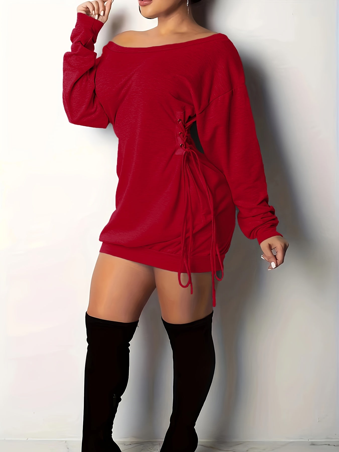 Women'S Sexy Off-Shoulder Drawstring Mini Dress, 97% Polyester Stretch Knit Fabric, All-Season Solid Color, 230gsm, Casual Chic Top with Side Tie Detail