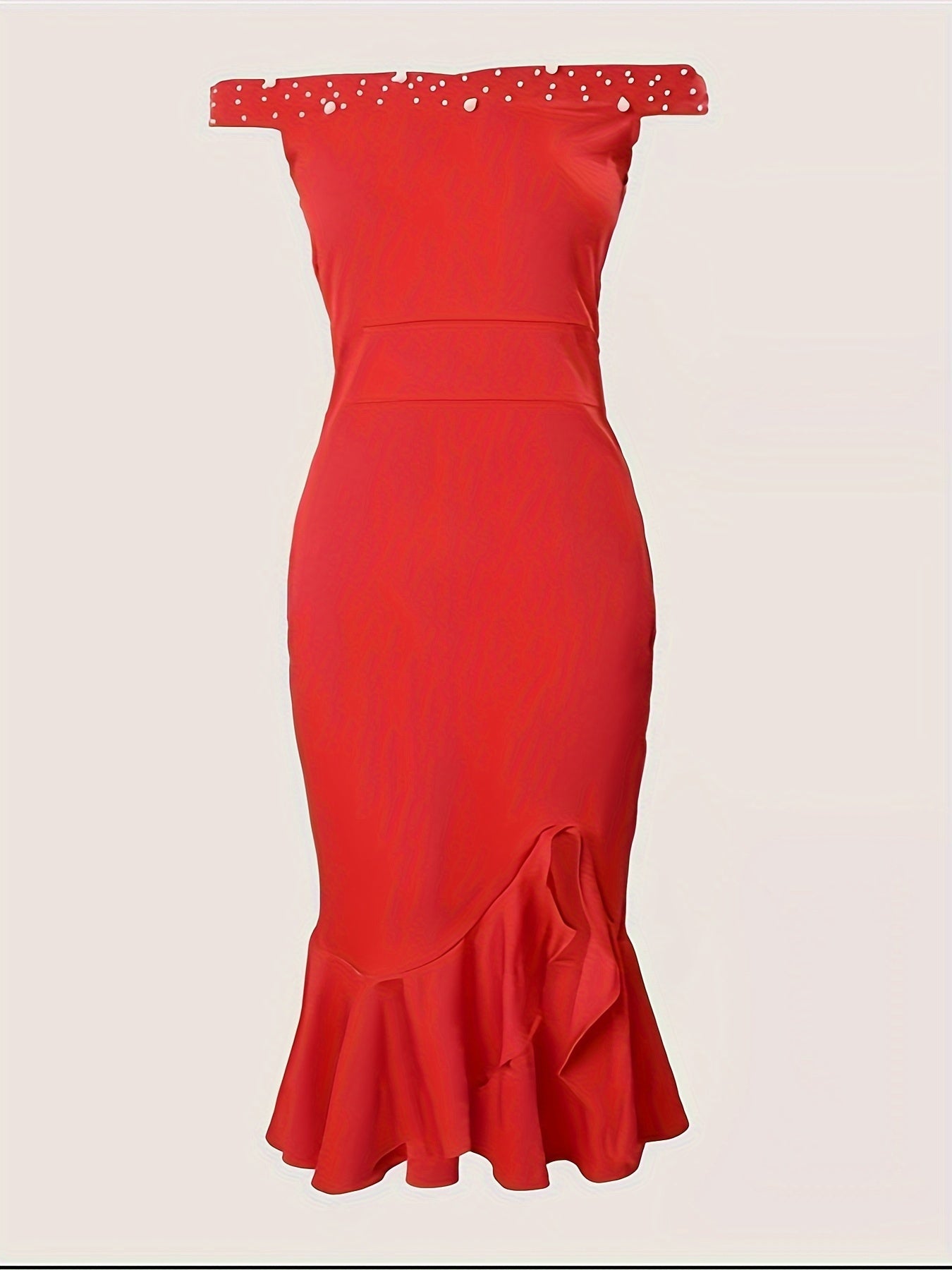 Beaded Asymmetrical Ruffle Hem Dress, Elegant Off Shoulder Solid Bodycon Dress For Party & Banquet, Women's Clothing