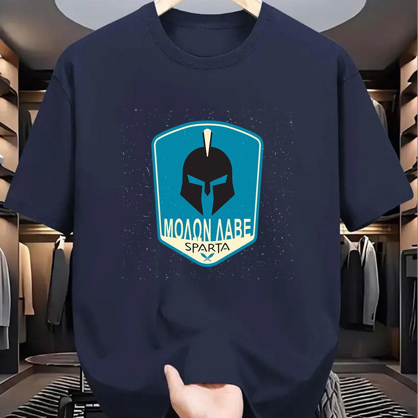 Men's SPARTA Graphic Tee - Beige Crew Neck Short Sleeve T-Shirt with Blue Spartan Helmet Design, 100% Polyester, Casual Summer Wear for Everyday & Special Occasions, Cool Oversized Tee Shirts