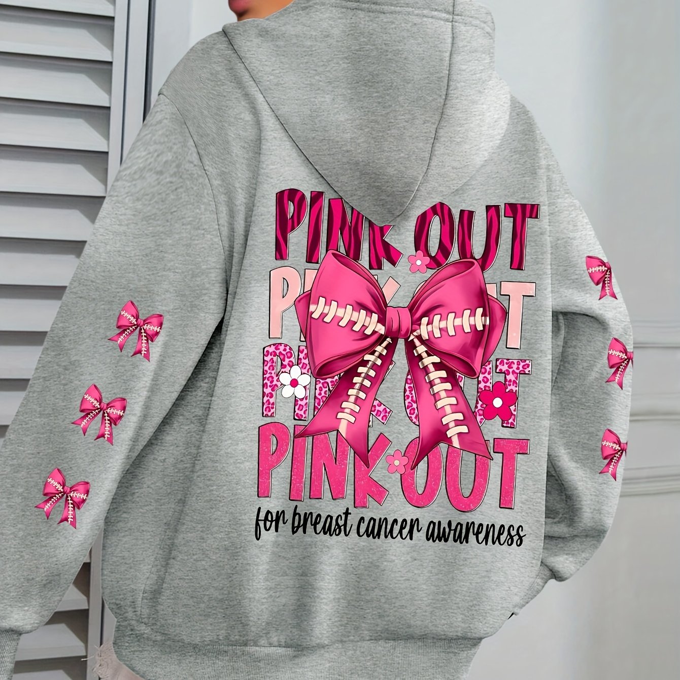 Women'S Plus Size Hoodie with Pink Ribbon Bowknot Print, Casual Long Sleeve Pullover with Pocket, 100% Polyester Knit Fabric, Slight Stretch, Fall/Winter Hooded Sweatshirt, Breast Cancer Awareness Design