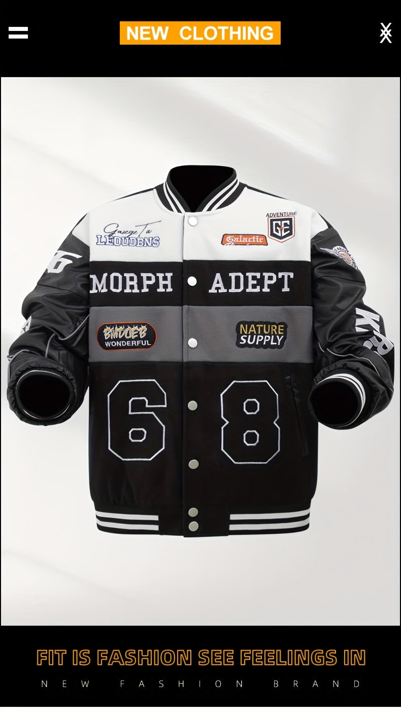 Men'S Daily Patchwork Polyester Varsity Jacket Stylish Retro Embroidered Long Sleeve Baseball Coats Casual Unisex Loose Outdoor Outerwear