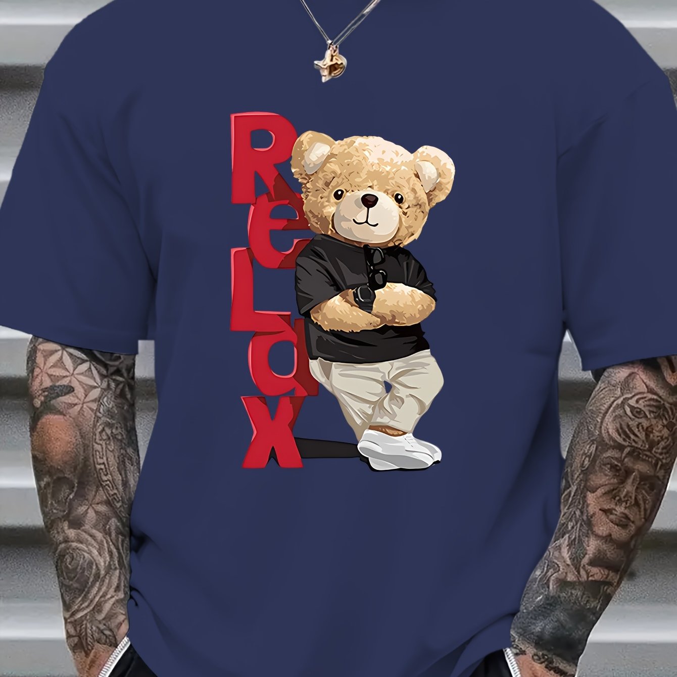 Men's Trendy Bear Print Short Sleeve T-Shirt - Comfortable Polyester Blend, Round Neck, Machine Washable for Summer, Leisure Style, Conventional Version, Summer