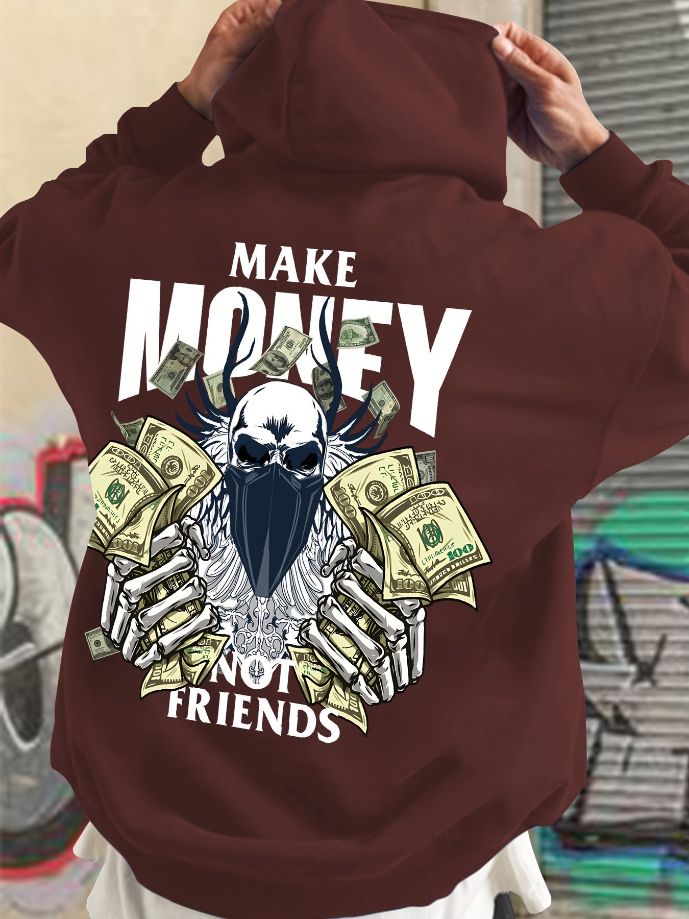MAKE MONEY NOT FRIENDS Print Kangaroo Pocket Hoodie, Casual Long Sleeve Hoodies Pullover Sweatshirt, Men's Clothing, For Fall Winter