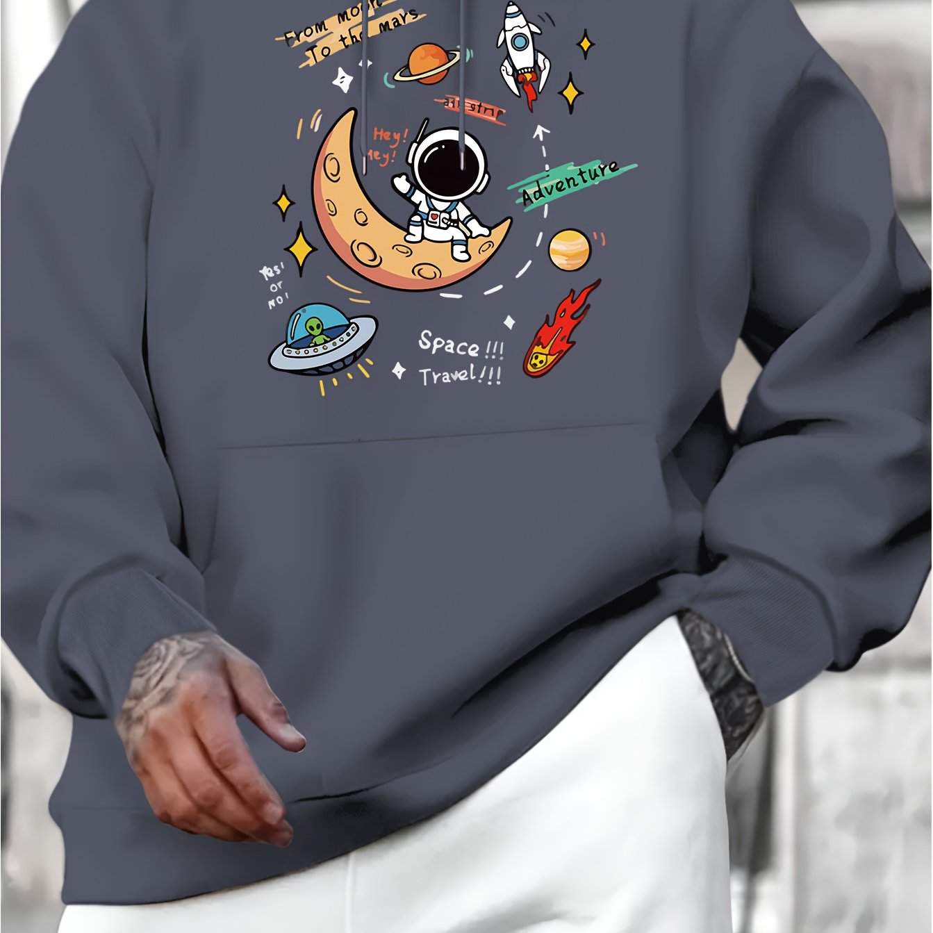 Men's Space Explorer Hoodie - Casual & Comfy Polyester Drawstring Sweatshirt with Astronaut & Planets Design, Perfect for Fall/Winter, Astronaut Decor