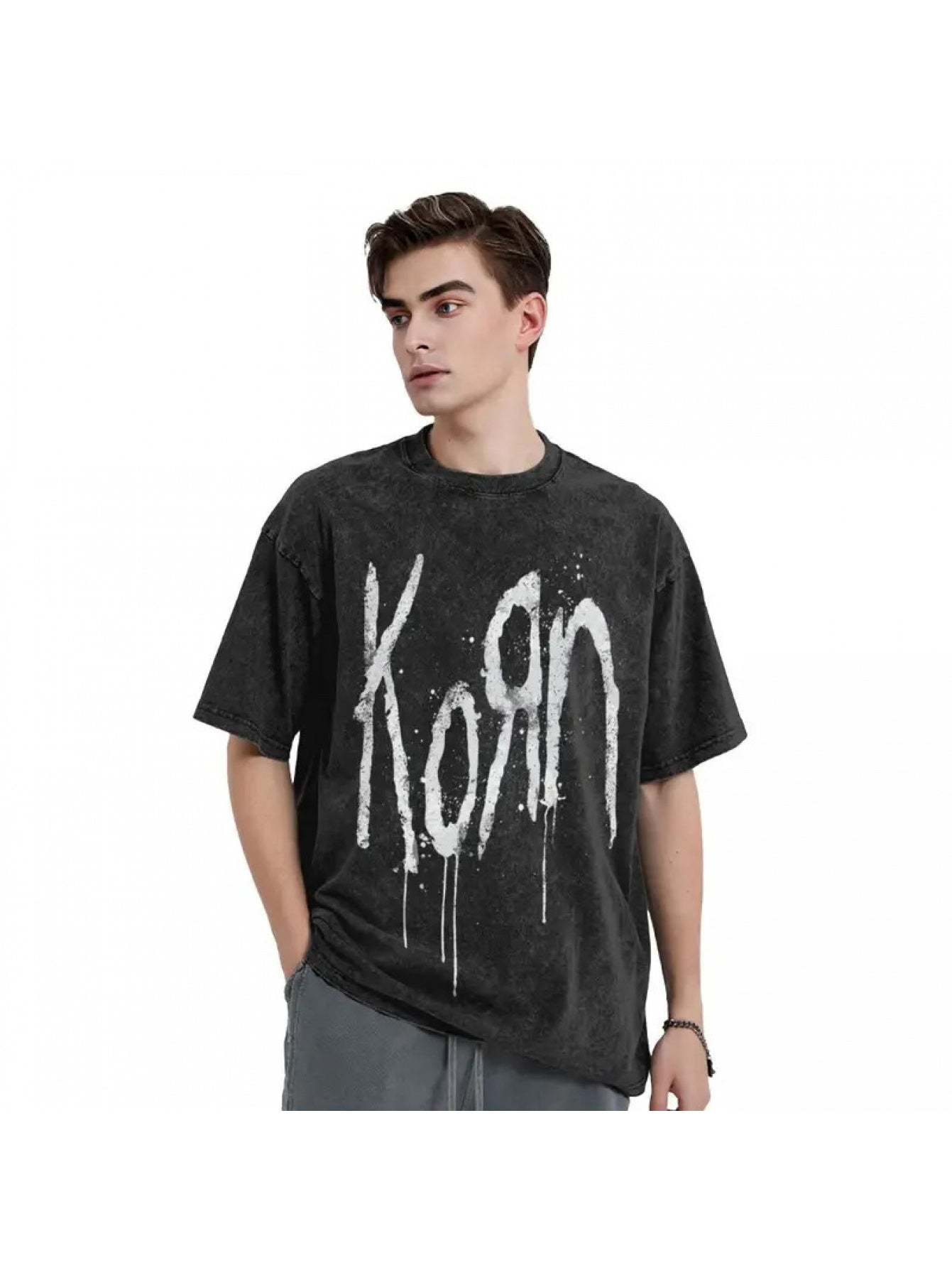 Korn Band Inspired Oversized T-Shirt - 100% Cotton, Black with White Dripping "KON" Print, Short Sleeve, Round Neck - Hip Hop Streetwear for Men & Women