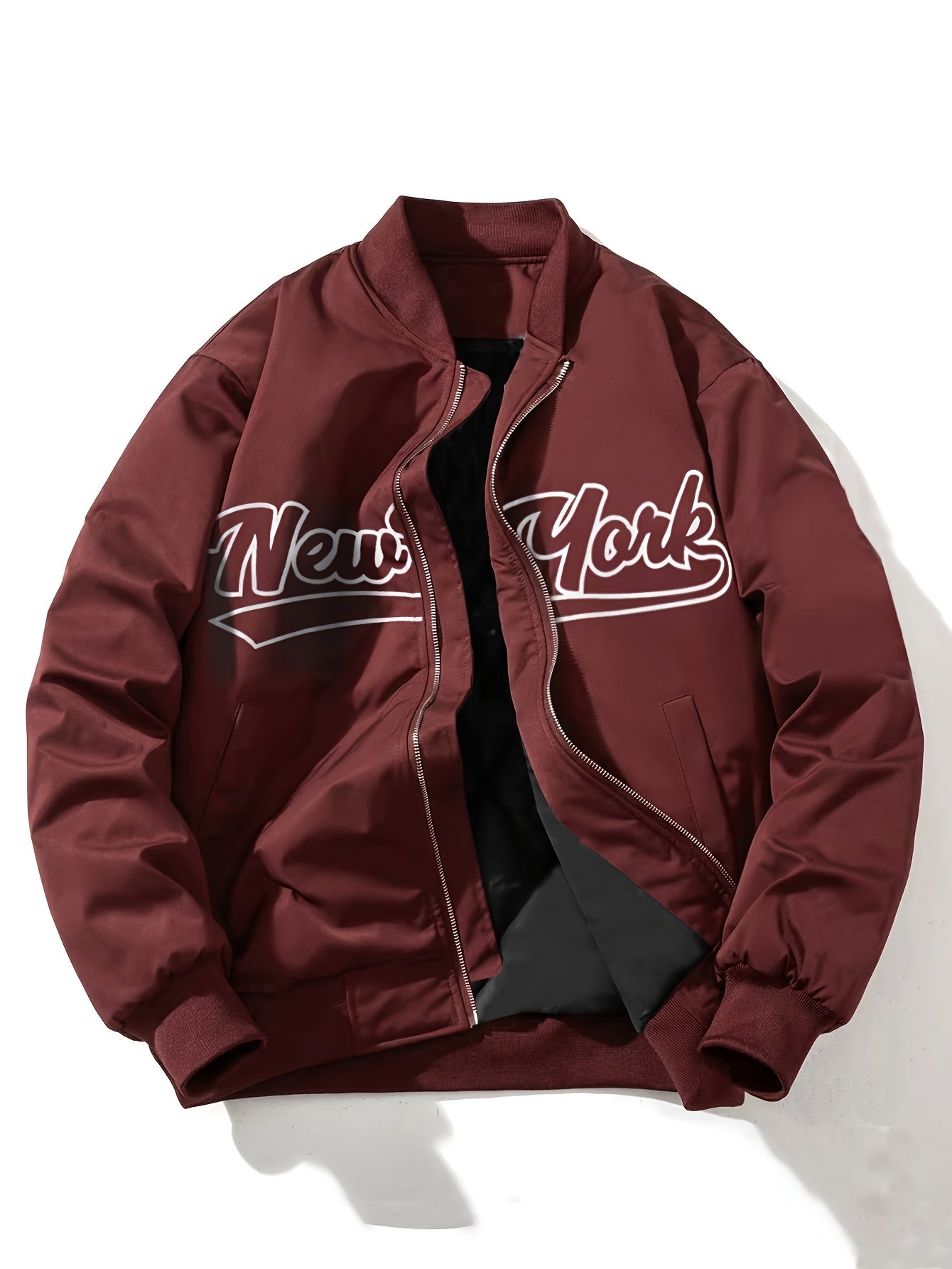 1pc Men'S Casual Bomber Jacket, Polyester 100% Lightweight Windbreaker, Letter Print, Baseball Collar, Long Sleeve, Regular Fit with Pockets, Zippered Front - Daily and Leisure Wear