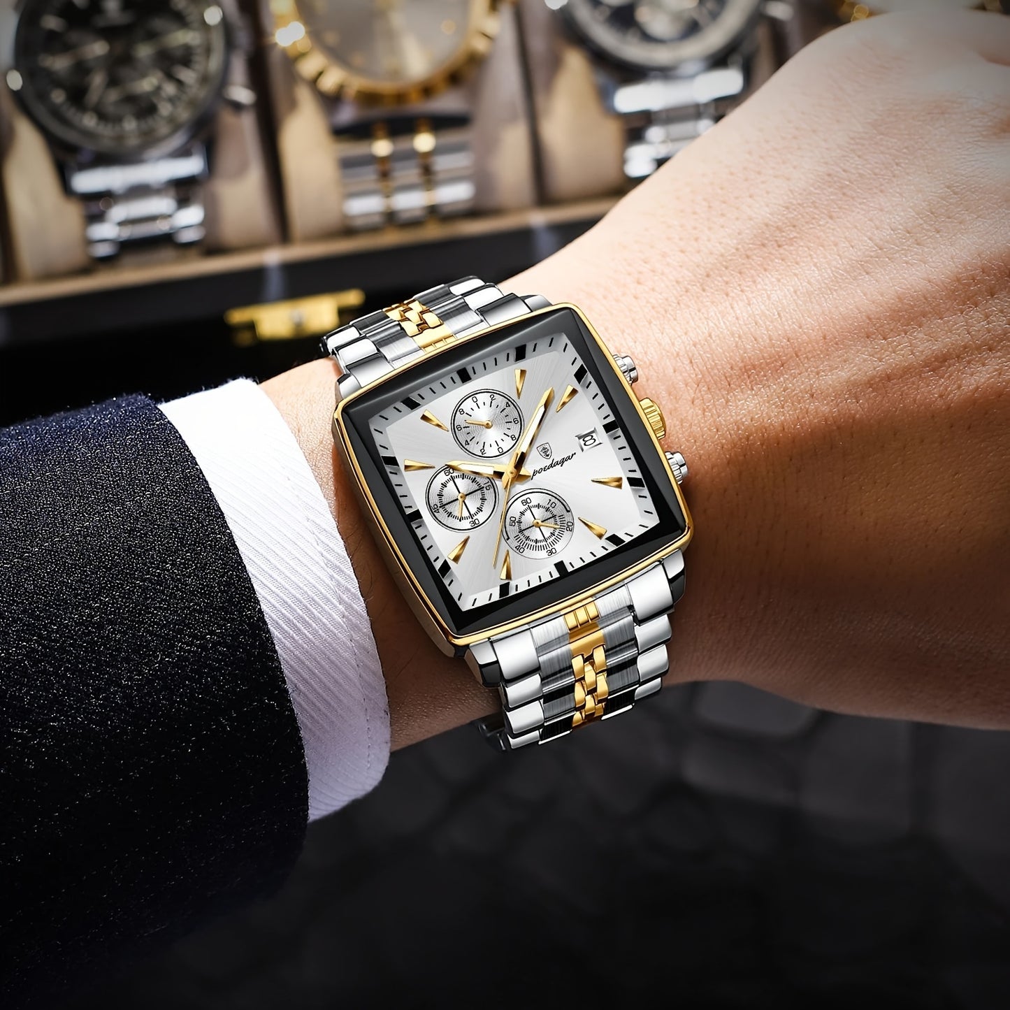 POEDAGAR Men'S Business Quartz Watch, Stainless Steel Square Dial, Luminous Hands, Date Calendar, Battery Powered, with Non-Rechargeable Button Battery, for Thanksgiving & Christmas Gifts, Water Resistant