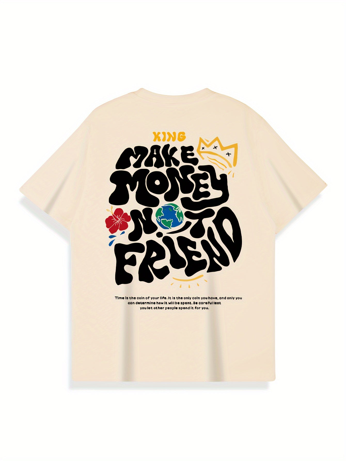Men's Crew Neck Short Sleeve T-shirt, KING MAKE MONEY Creative Pattern Back Print Cozy Cotton Tee For Summer Outdoor Casual Activities