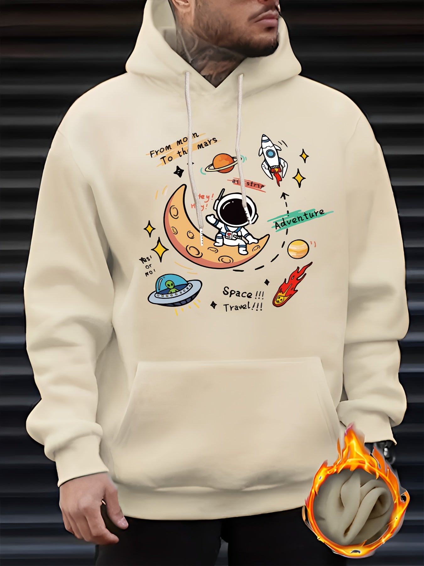 Men's Space Explorer Hoodie - Casual & Comfy Polyester Drawstring Sweatshirt with Astronaut & Planets Design, Perfect for Fall/Winter, Astronaut Decor