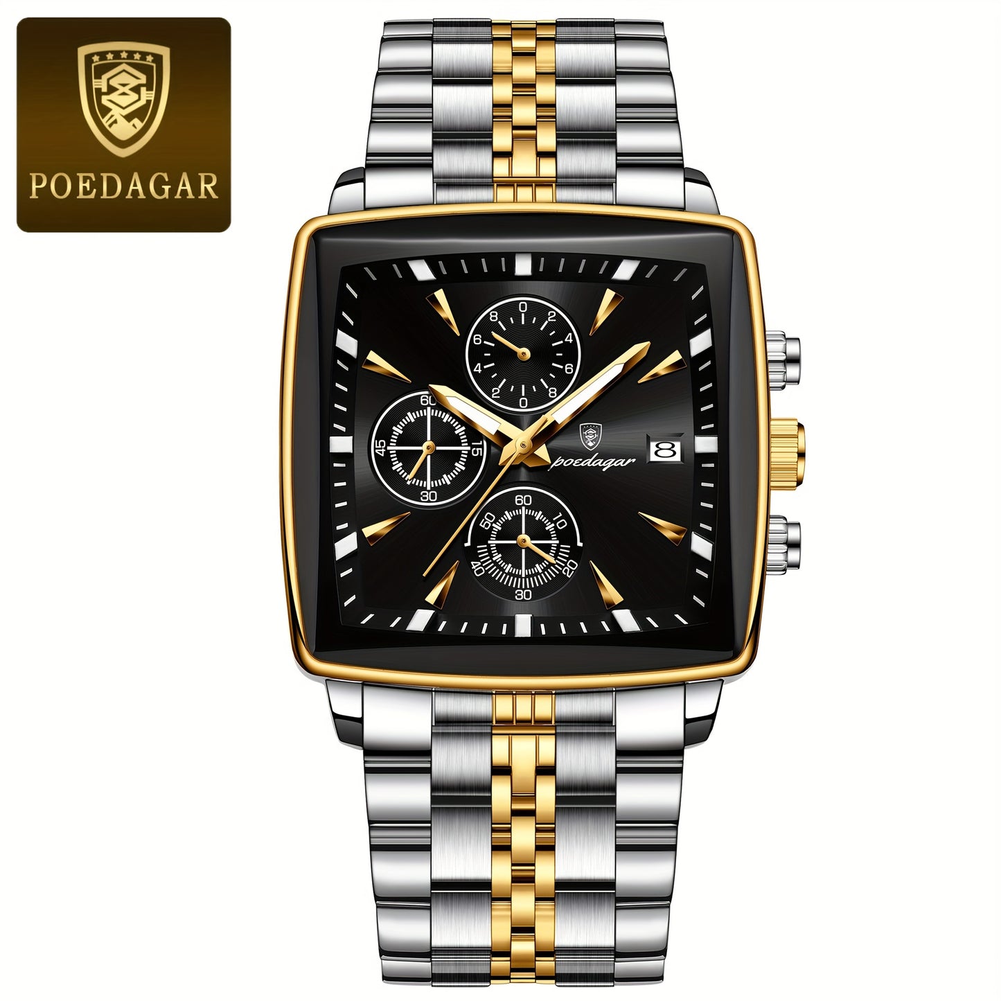 POEDAGAR Men'S Business Quartz Watch, Stainless Steel Square Dial, Luminous Hands, Date Calendar, Battery Powered, with Non-Rechargeable Button Battery, for Thanksgiving & Christmas Gifts, Water Resistant