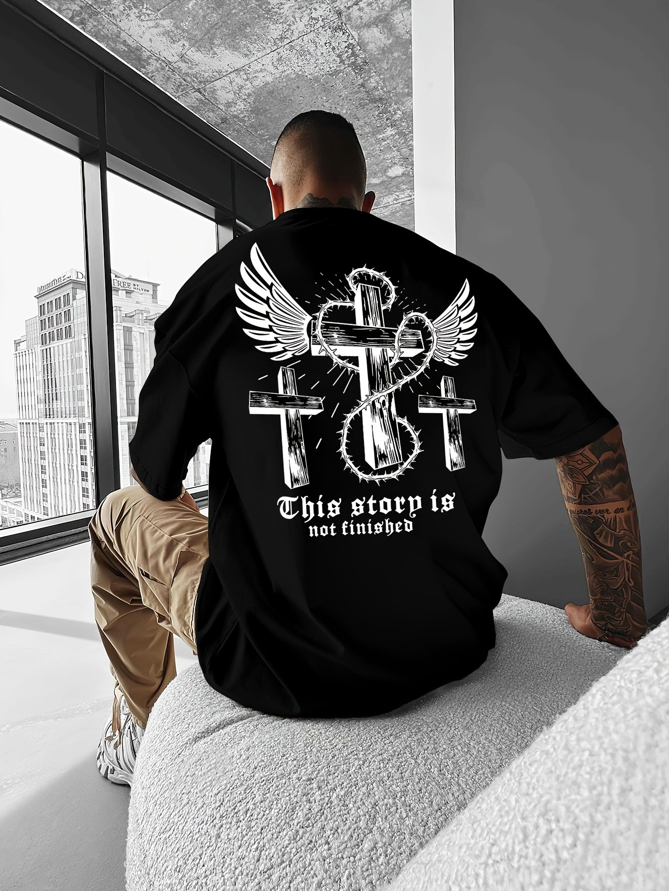 Y2K-Inspired Men's T-Shirt with Winged Cross Design - Casual Streetwear, Breathable Polyester, Summer Outdoor Fashion